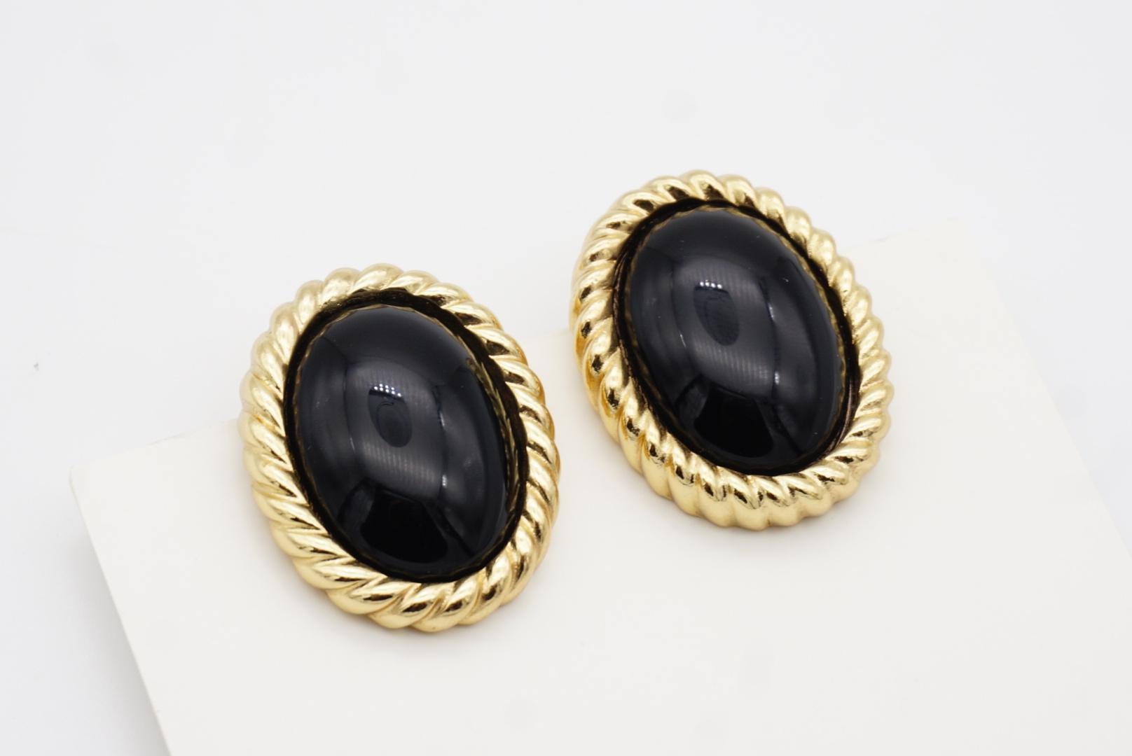Christian Dior Vintage 1980 Massive Onyx Black Enamel Oval Spiral Gold Earrings im Angebot 5