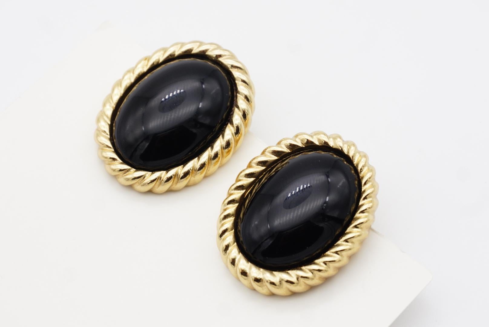 Christian Dior Vintage 1980 Massive Onyx Black Enamel Oval Spiral Gold Earrings im Angebot 6