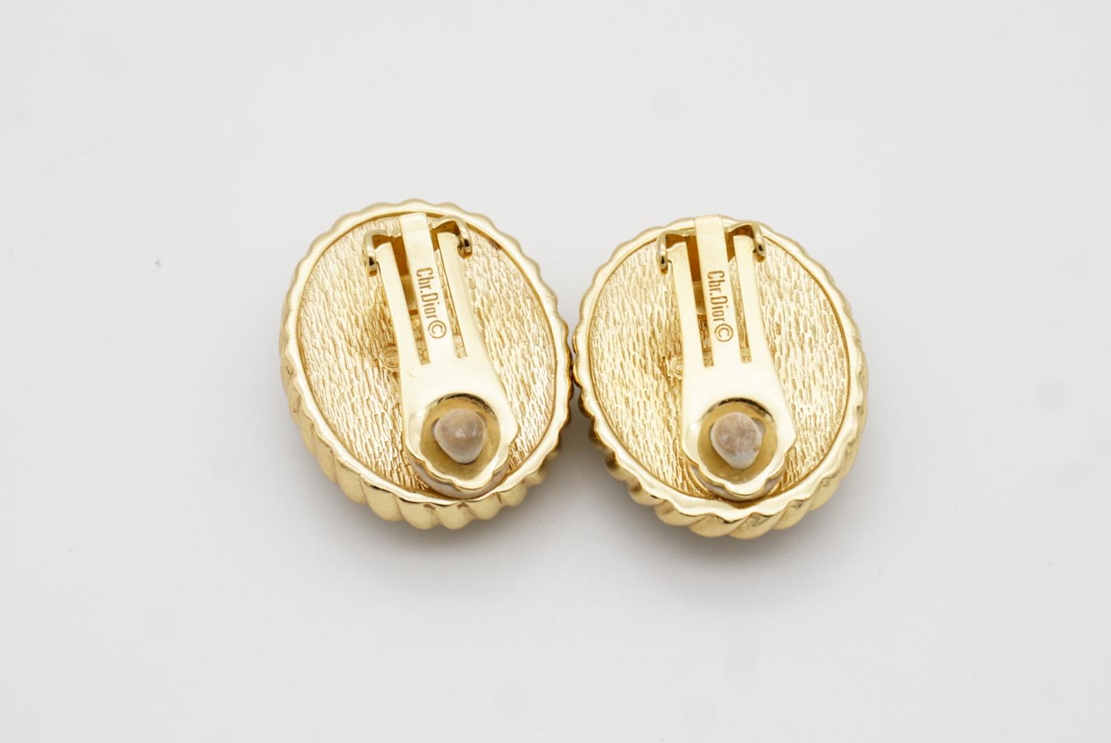 Christian Dior Vintage 1980 Massive Onyx Black Enamel Oval Spiral Gold Earrings im Angebot 7