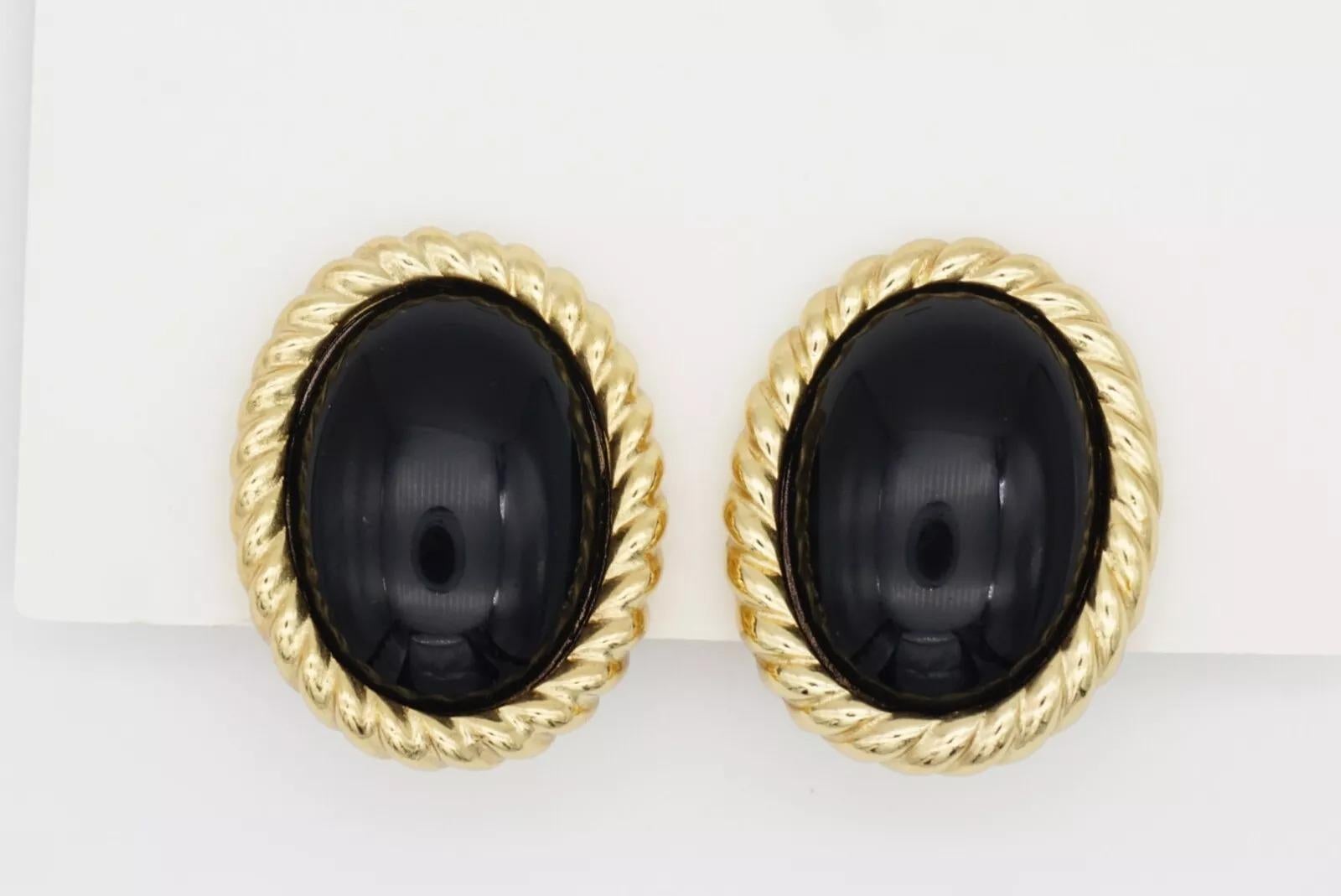 Christian Dior Vintage 1980 Massive Onyx Black Enamel Oval Spiral Gold Earrings im Angebot 10