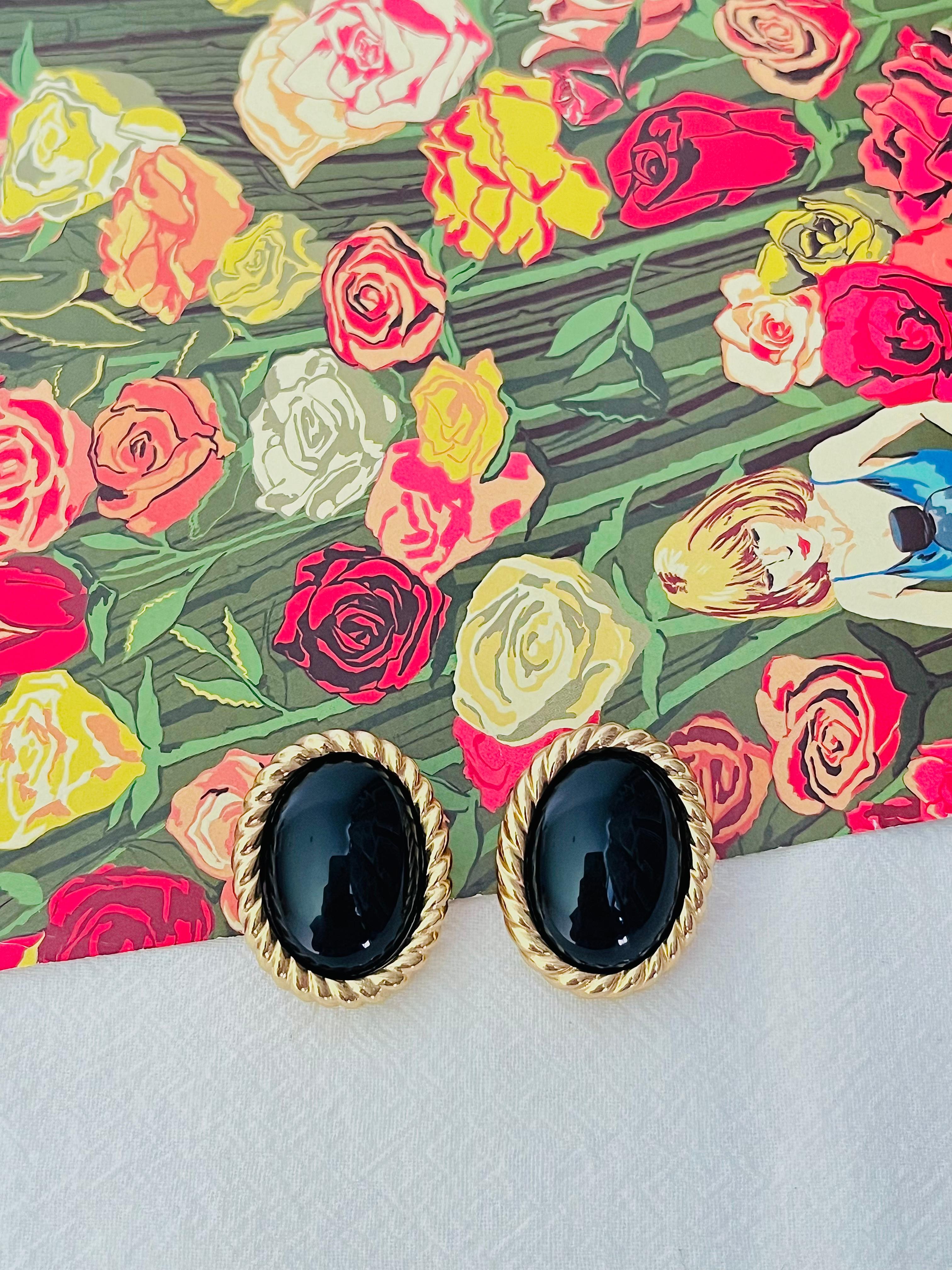 Christian Dior Vintage 1980 Massive Onyx Black Enamel Oval Spiral Gold Earrings für Damen oder Herren im Angebot