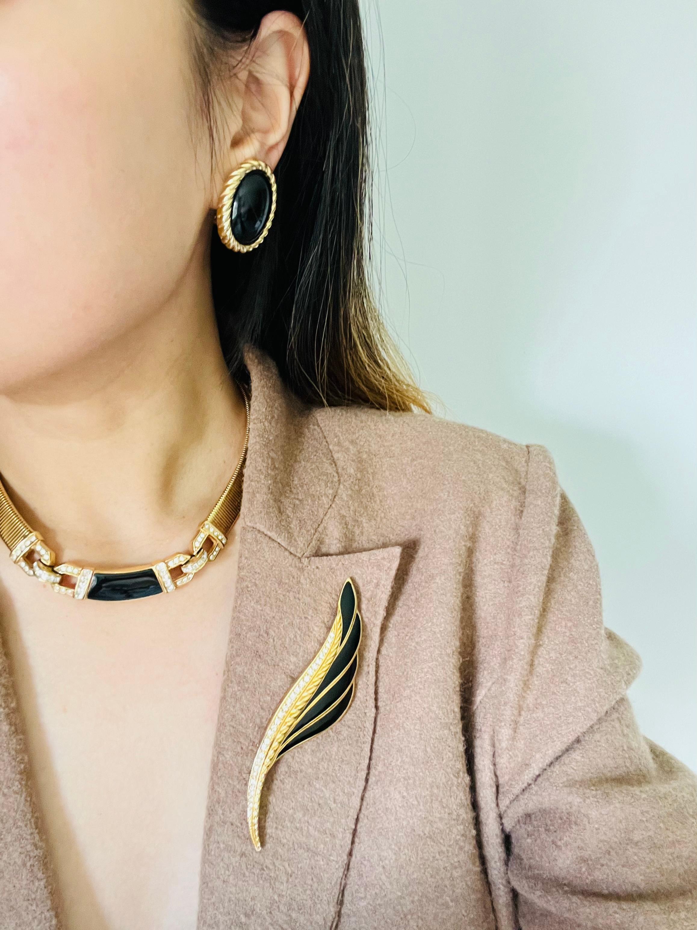Christian Dior Vintage 1980 Massive Onyx Black Enamel Oval Spiral Gold Earrings im Angebot 4