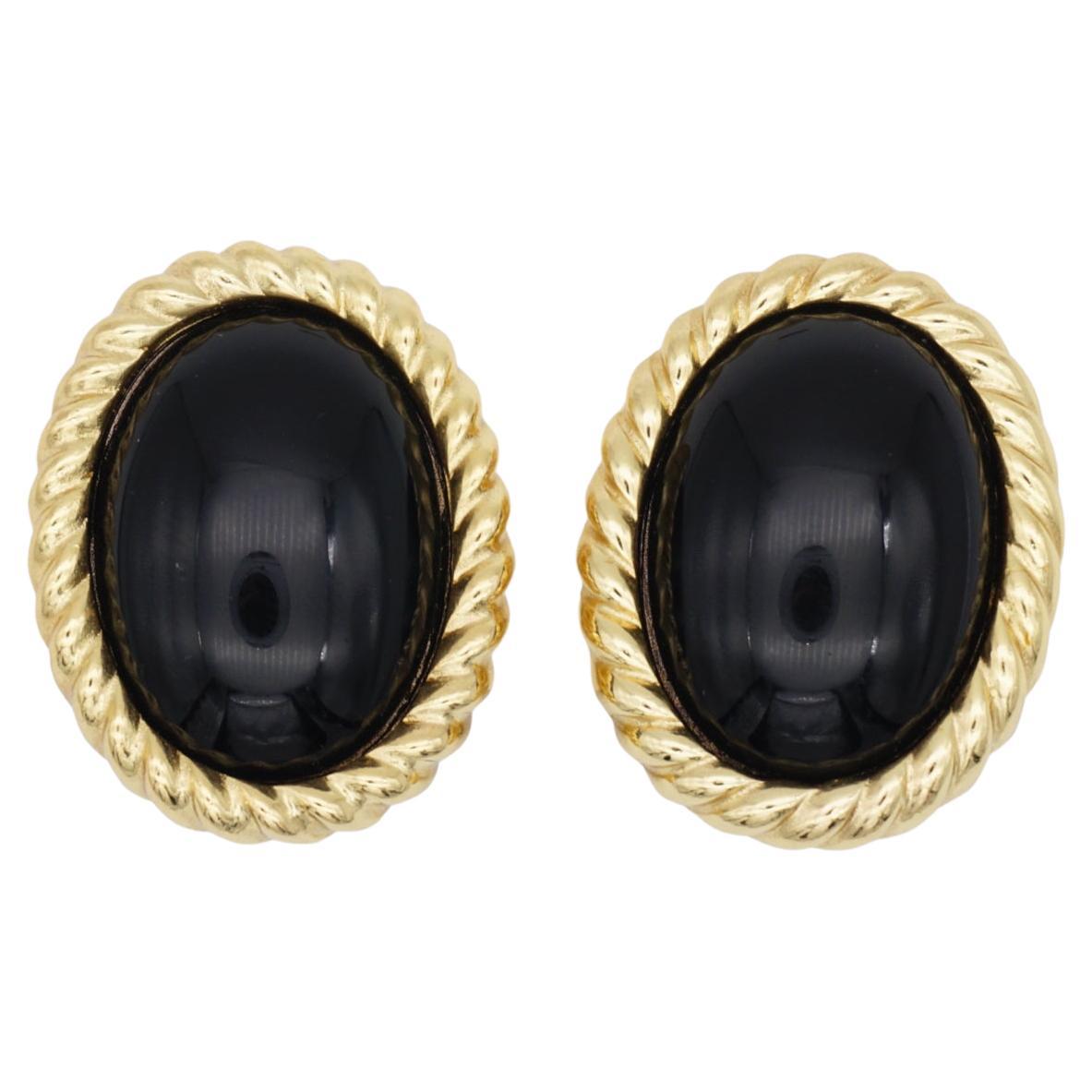 Christian Dior Vintage 1980 Massive Onyx Black Enamel Oval Spiral Gold Earrings im Angebot