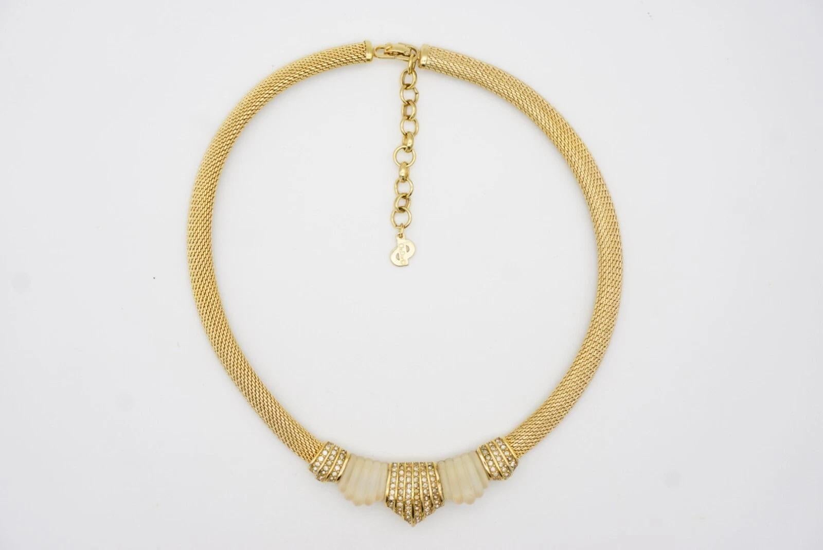Christian Dior Vintage 1980 Matte White Shell Crystals Snake Omega Gold Necklace For Sale 10