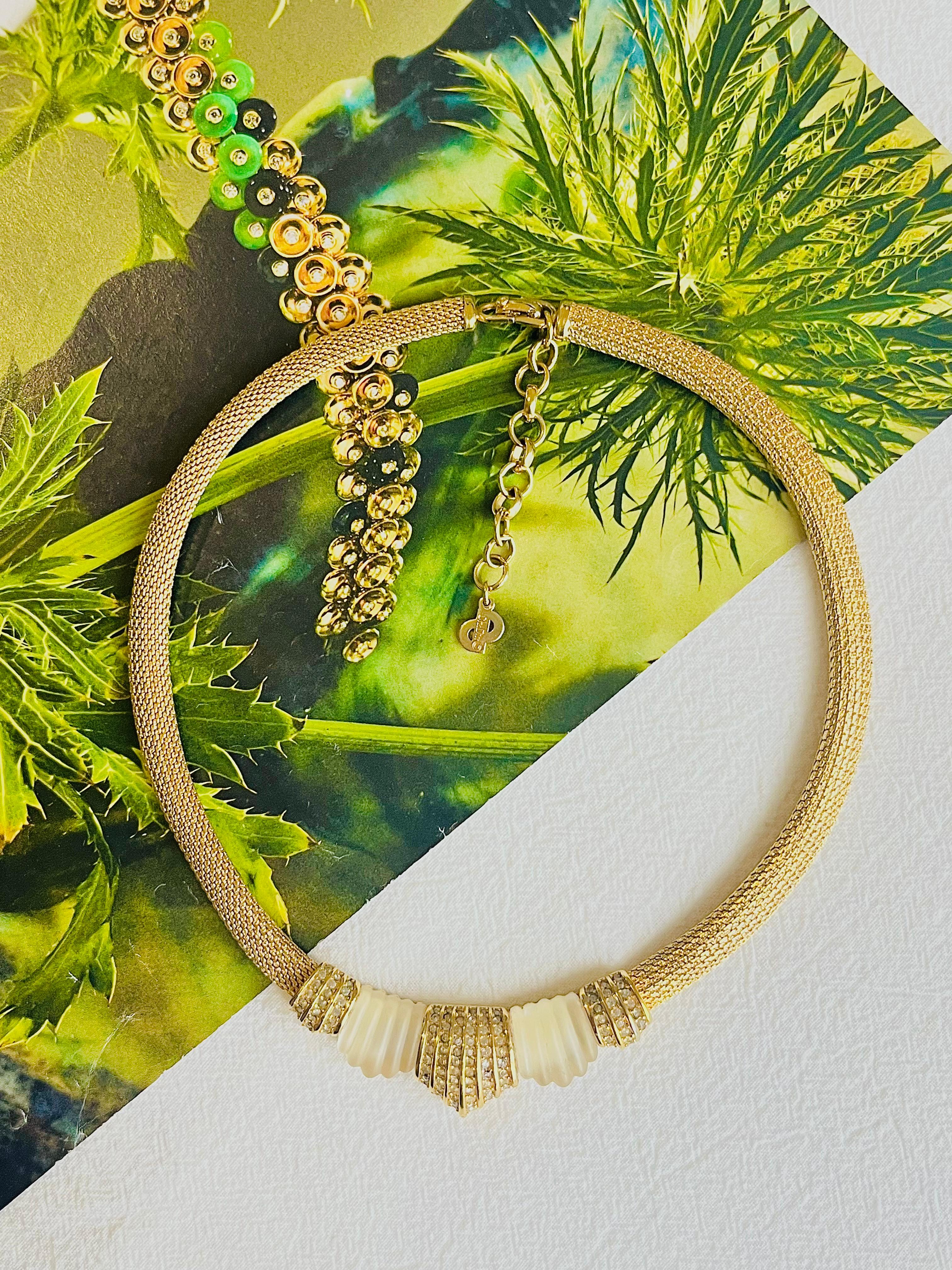 Art Deco Christian Dior Vintage 1980 Matte White Shell Crystals Snake Omega Gold Necklace For Sale