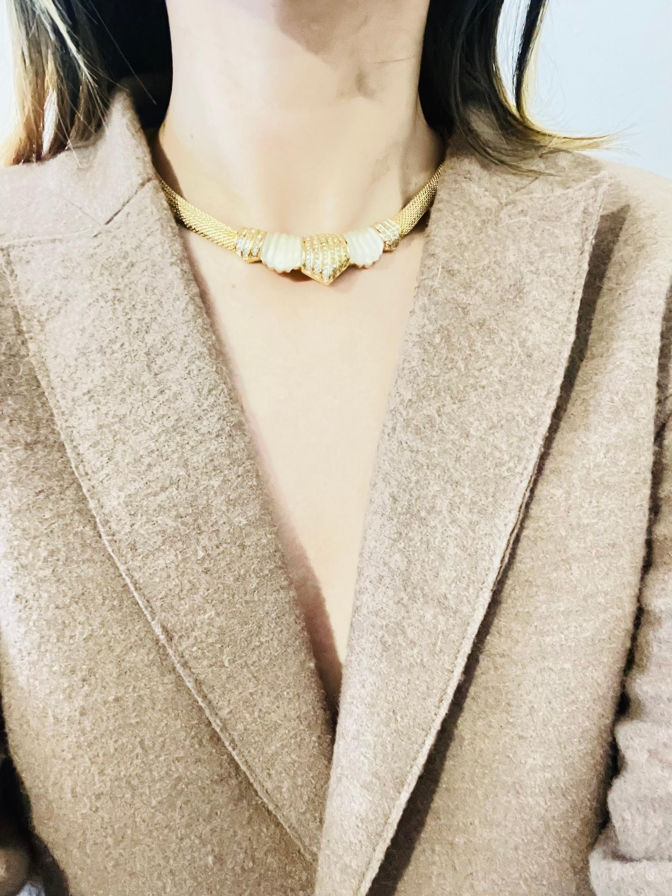 Women's or Men's Christian Dior Vintage 1980 Matte White Shell Crystals Snake Omega Gold Necklace