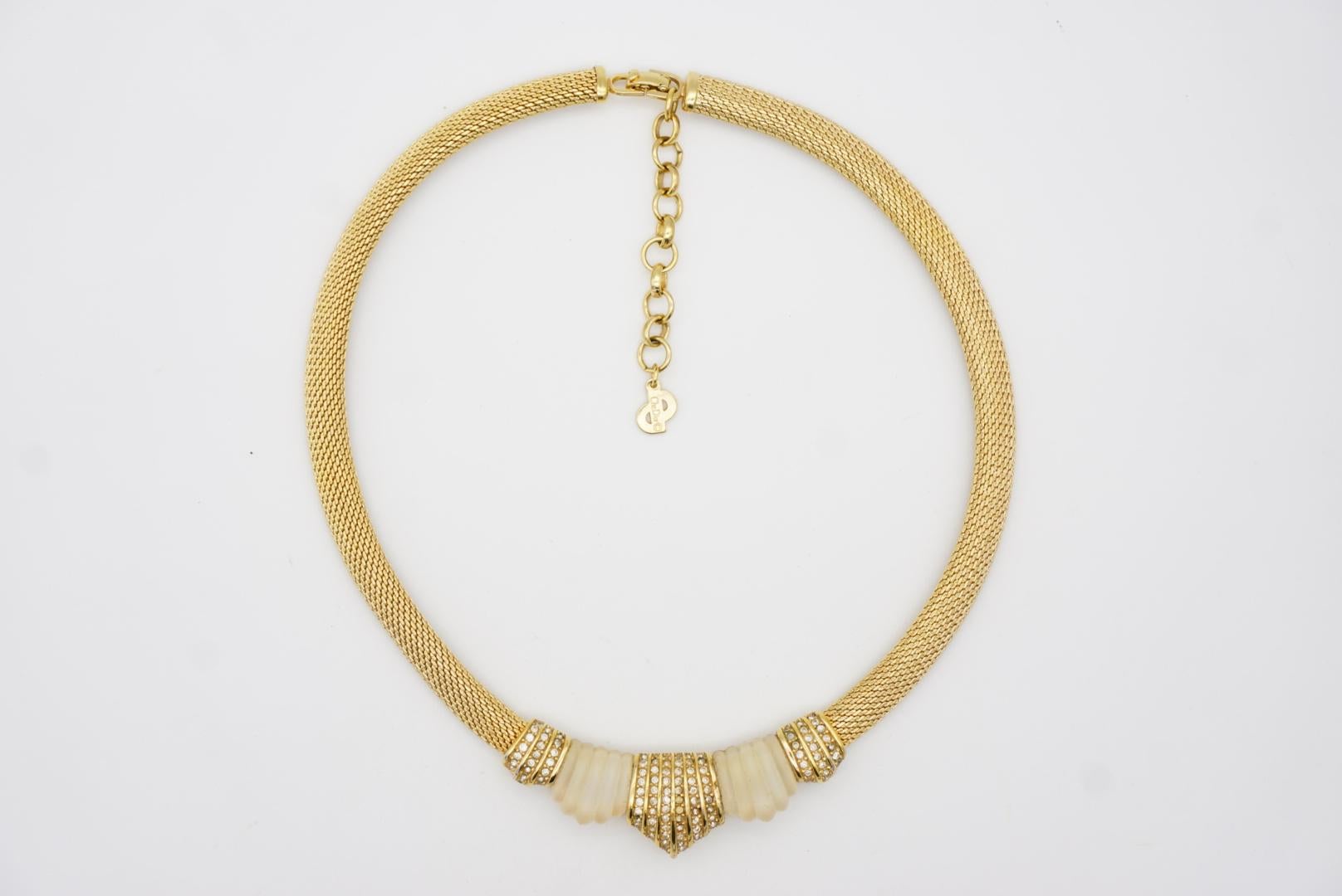 Christian Dior Vintage 1980 Matte White Shell Crystals Snake Omega Gold Necklace For Sale 4