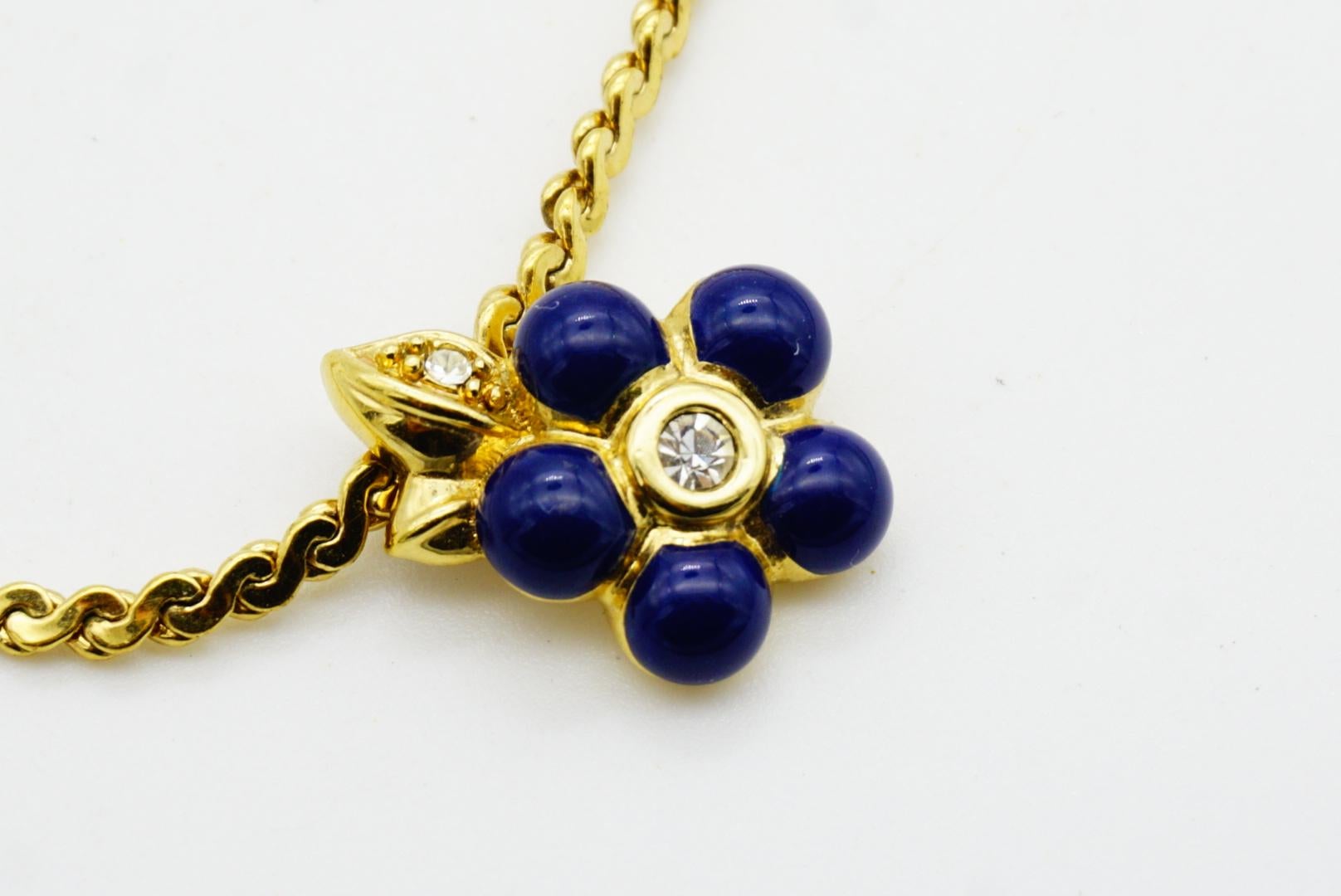 Christian Dior Vintage 1980 Navy Enamel Cute Flower Leaf Crystals Gold Necklace For Sale 5