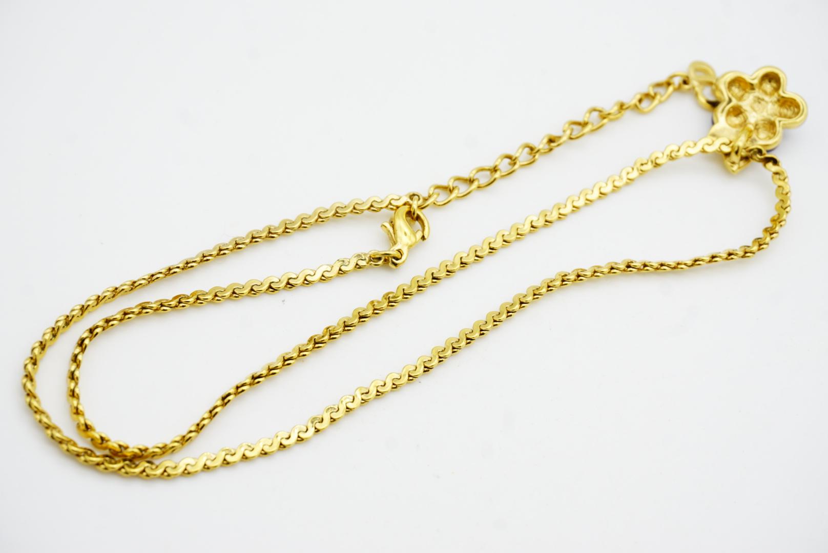 Christian Dior Vintage 1980 Navy Enamel Cute Flower Leaf Crystals Gold Necklace For Sale 8