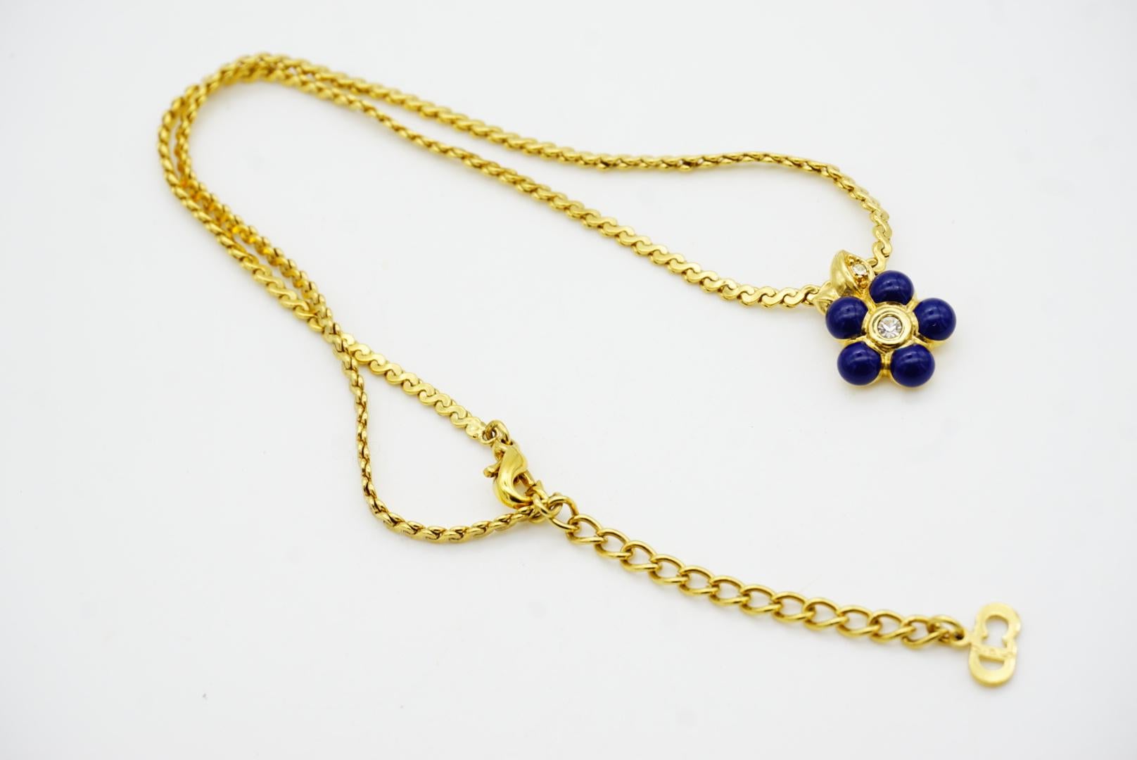 Christian Dior Vintage 1980 Navy Enamel Cute Flower Leaf Crystals Gold Necklace For Sale 9