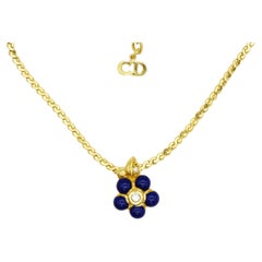 Christian Dior Vintage 1980 Navy Enamel Cute Flower Leaf Crystals Gold Necklace