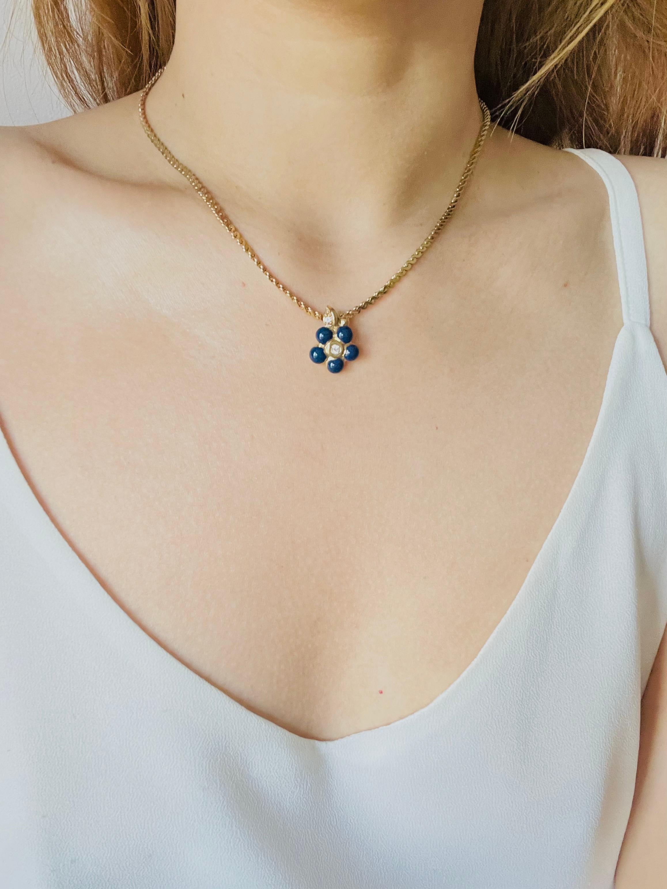 Christian Dior Vintage 1980 Navy Enamel Cute Flower Leaf Crystals Gold Necklace For Sale 2
