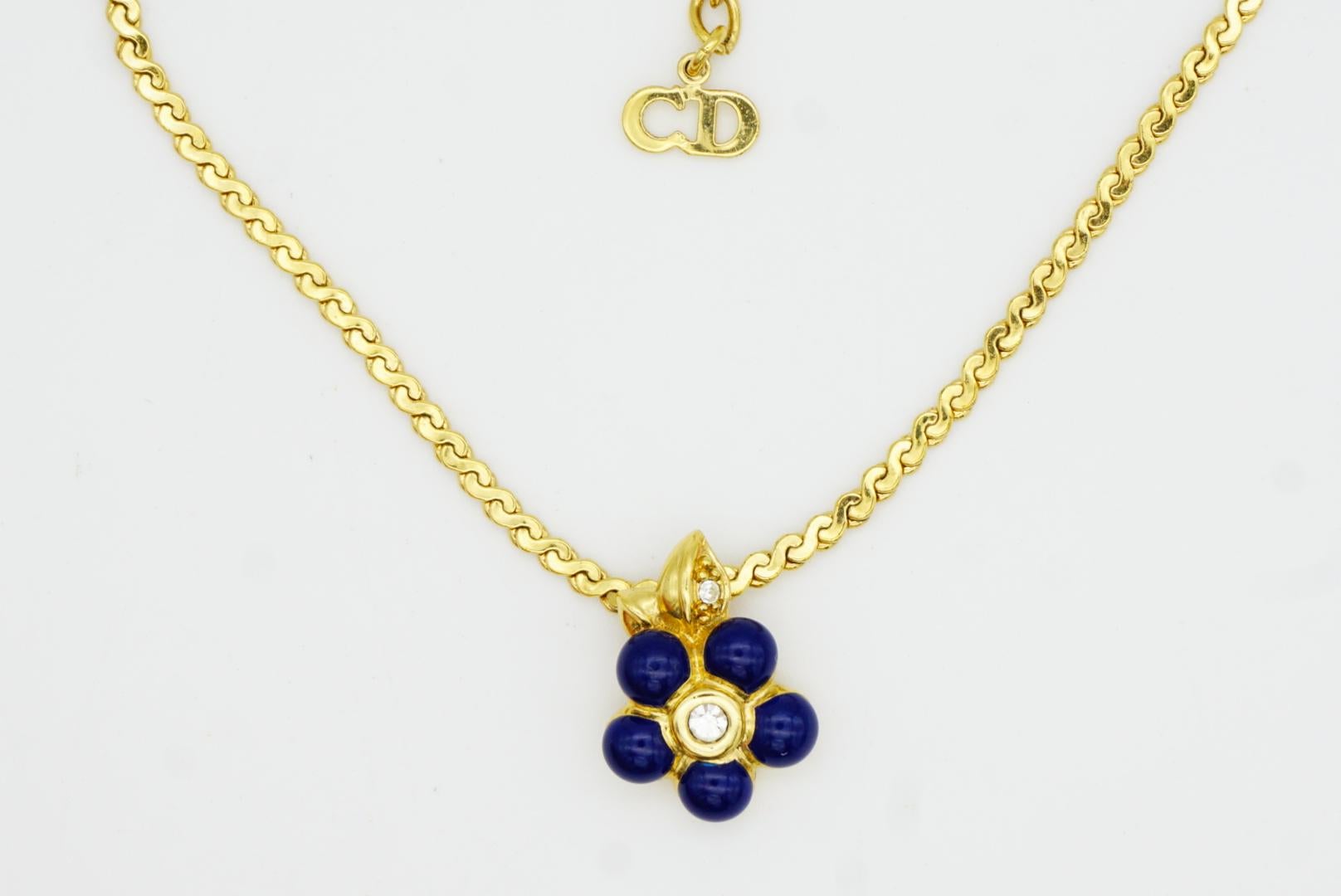 Christian Dior Vintage 1980 Navy Enamel Cute Flower Leaf Crystals Gold Necklace For Sale 3