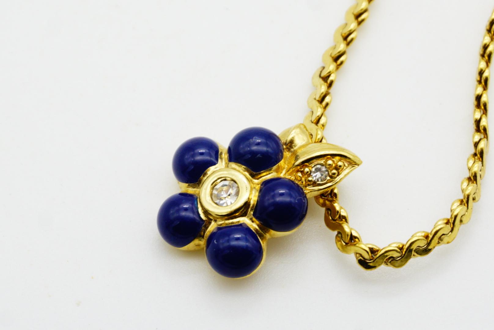 Christian Dior Vintage 1980 Navy Enamel Cute Flower Leaf Crystals Gold Necklace For Sale 4
