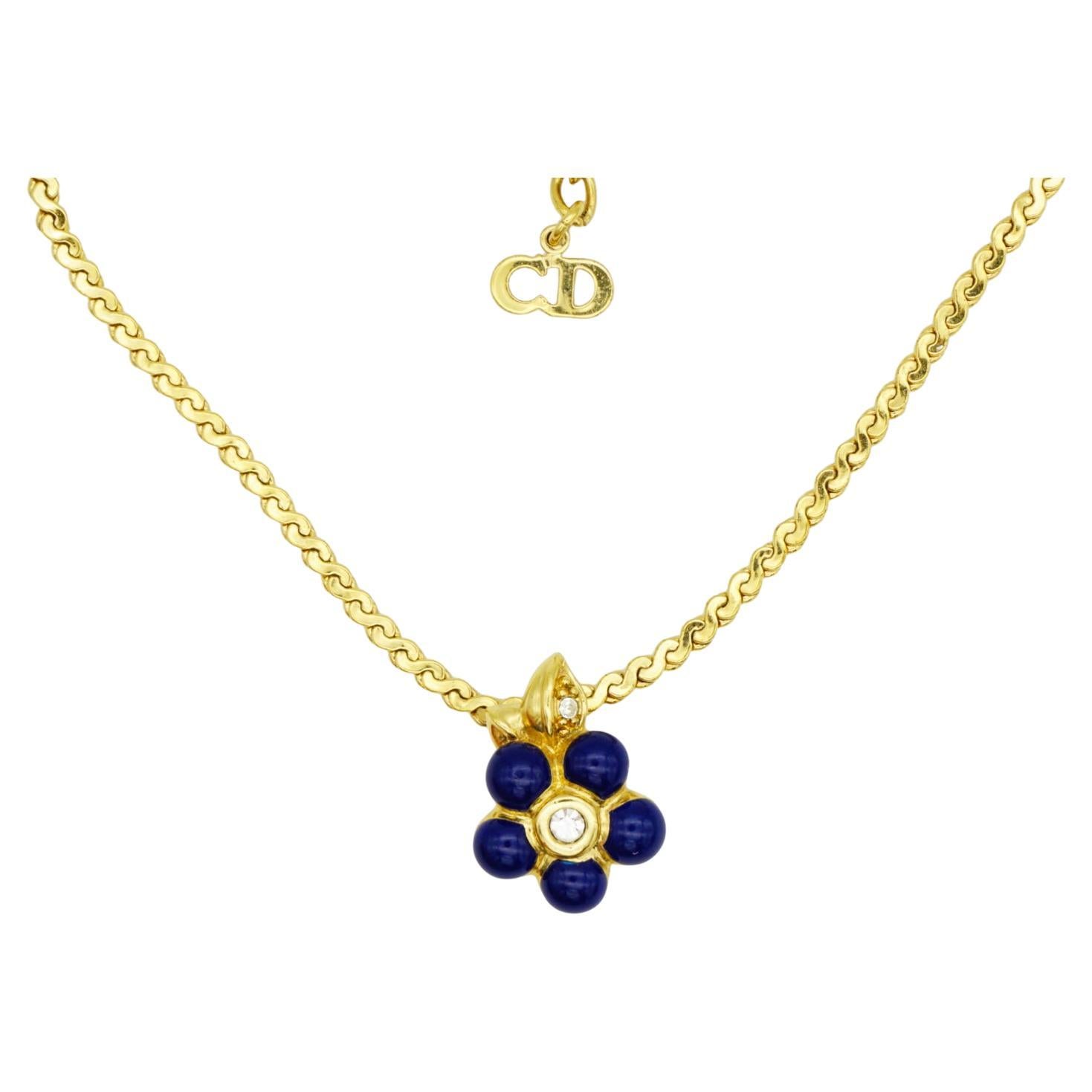 Christian Dior Vintage 1980 Navy Enamel Cute Flower Leaf Crystals Gold Necklace For Sale