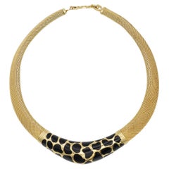 Christian Dior Vintage 1980 Omega Black Leopard Wide Woven Mesh Chunky Necklace