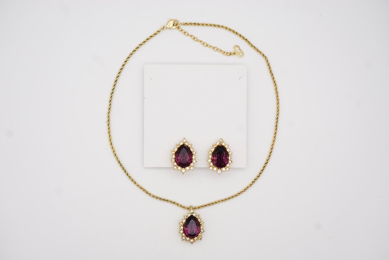 Christian Dior Vintage 1980 Purple Amethyst Halo Teardrop Set, Necklace Earrings For Sale 4