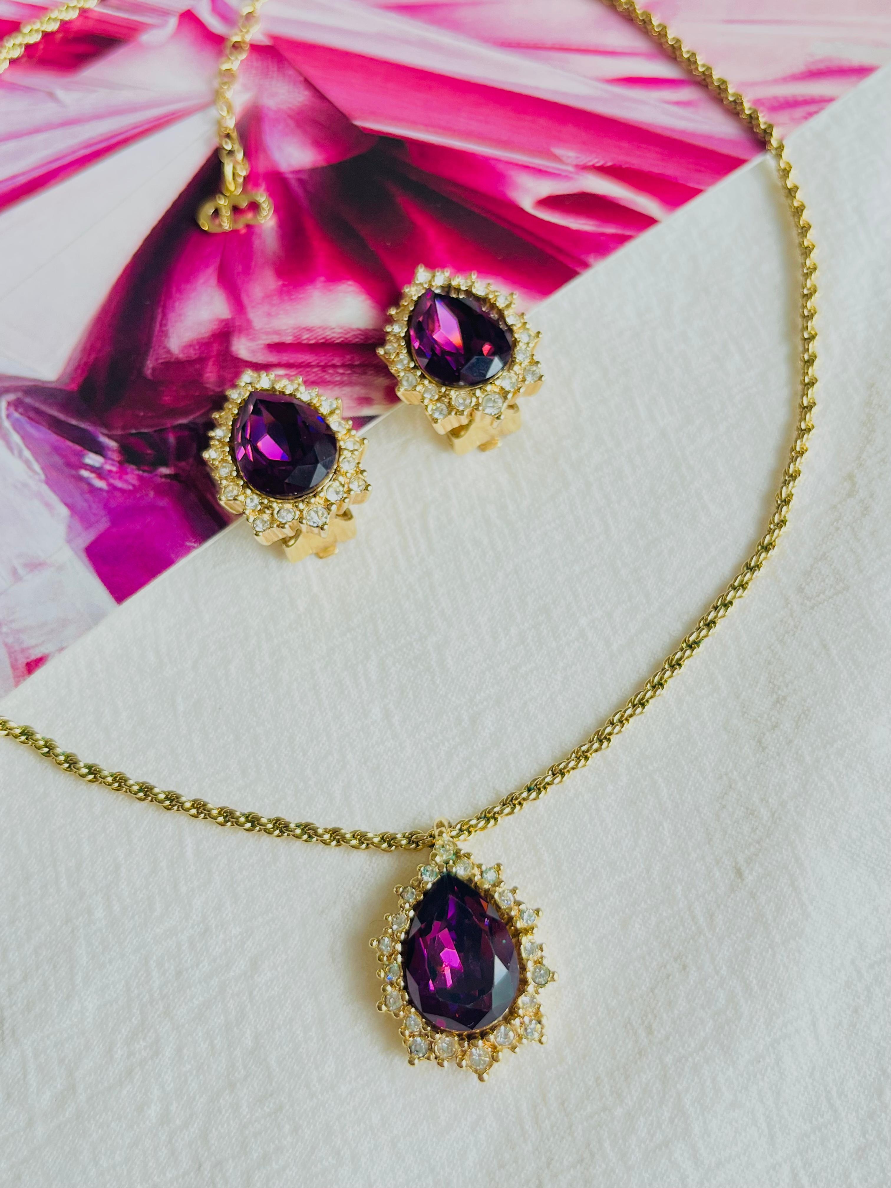 Art déco Christian Dior Vintage 1980 Purple Amethyst Halo Teardrop Set, Necklace Earrings en vente