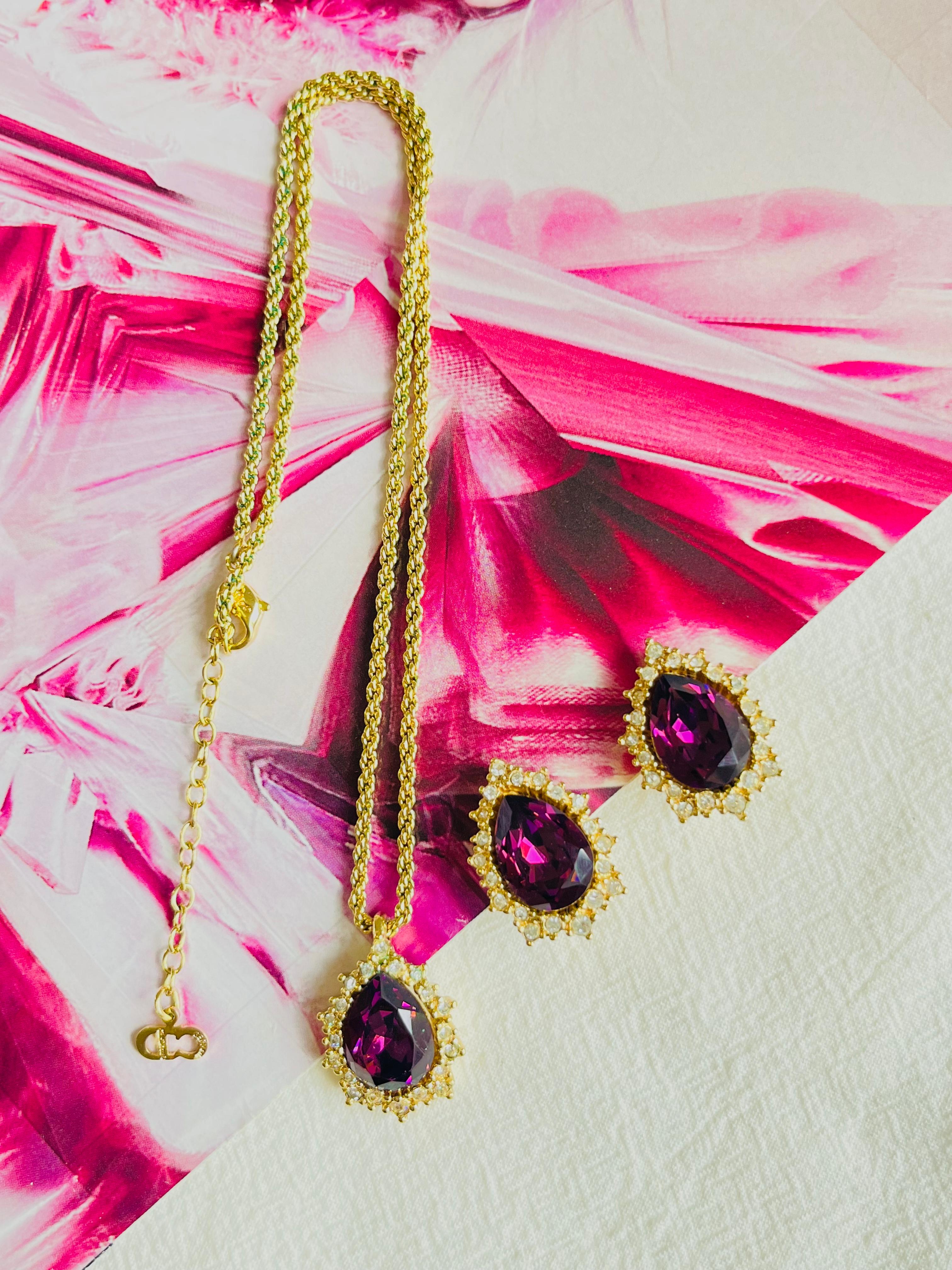 Art Deco Christian Dior Vintage 1980 Purple Amethyst Halo Teardrop Set, Necklace Earrings For Sale