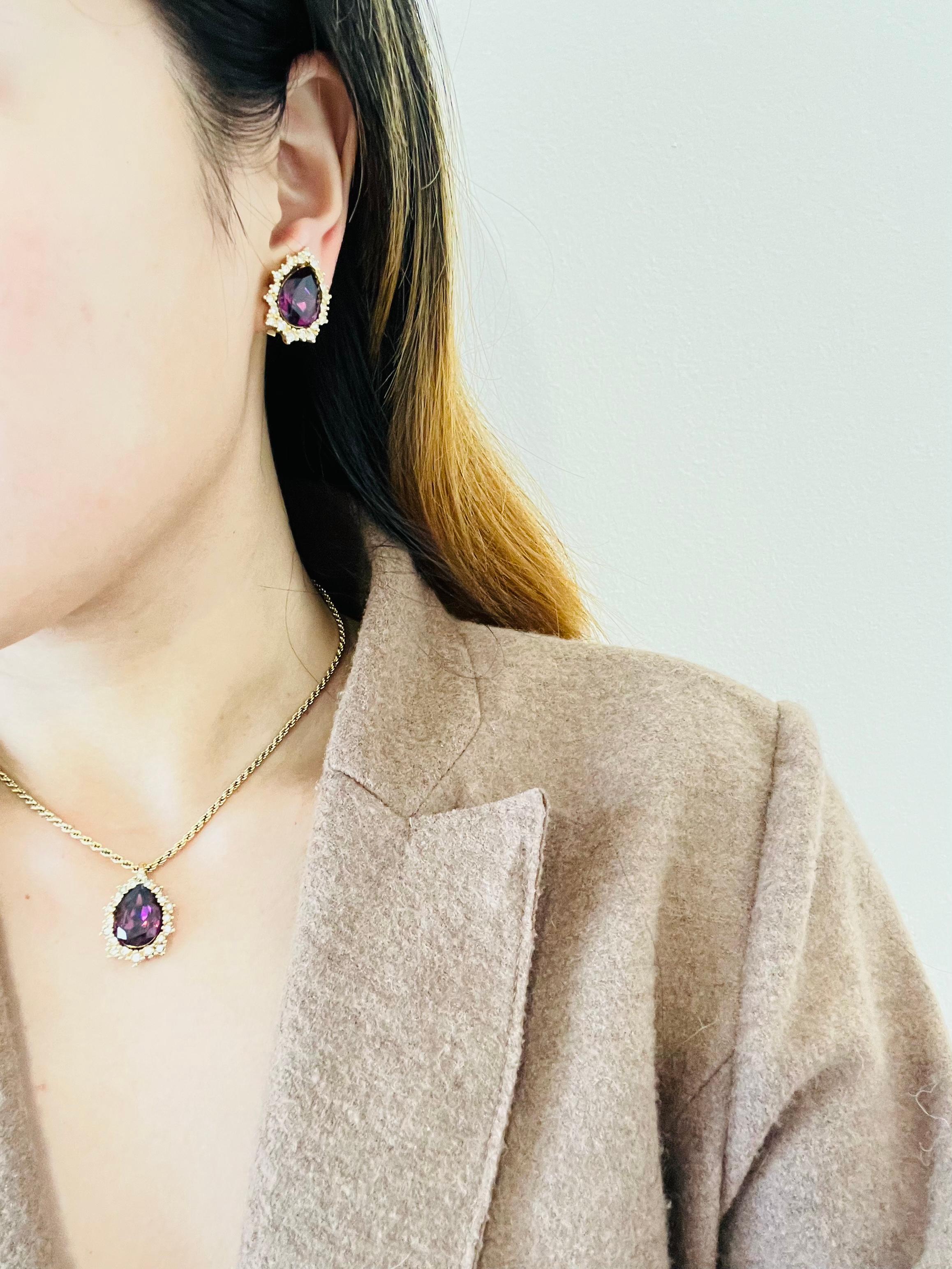 Christian Dior Vintage 1980 Purple Amethyst Halo Teardrop Set, Necklace Earrings For Sale 1