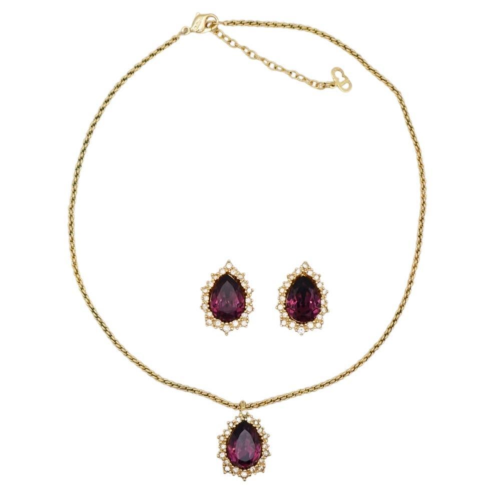 Christian Dior Vintage 1980 Purple Amethyst Halo Teardrop Set, Necklace Earrings en vente