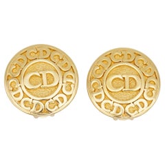 Christian Dior Vintage 1980 Round Monogram Classic Logo CD Circle Clip Earrings