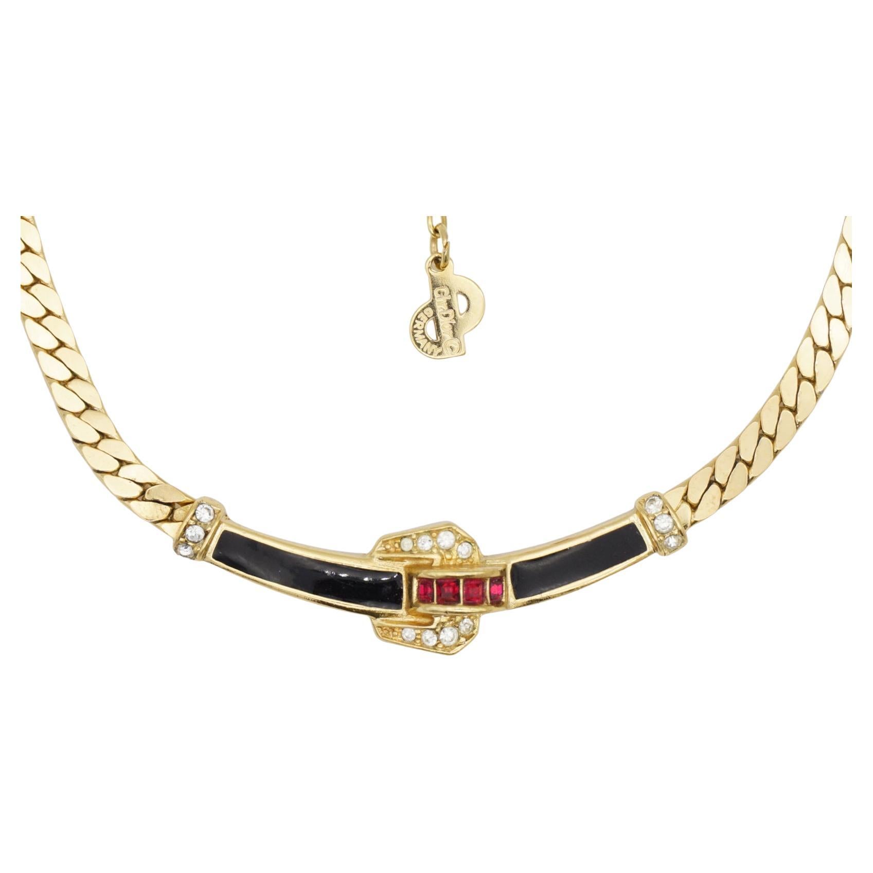 Christian Dior Vintage 1980 Ruby Black Long Bar Clear Crystals Pendant Necklace For Sale