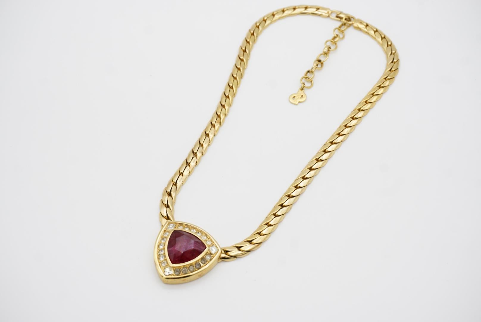 Christian Dior Vintage 1980 Ruby Cube Circle Crystals Triangle Pendant Necklace For Sale 5