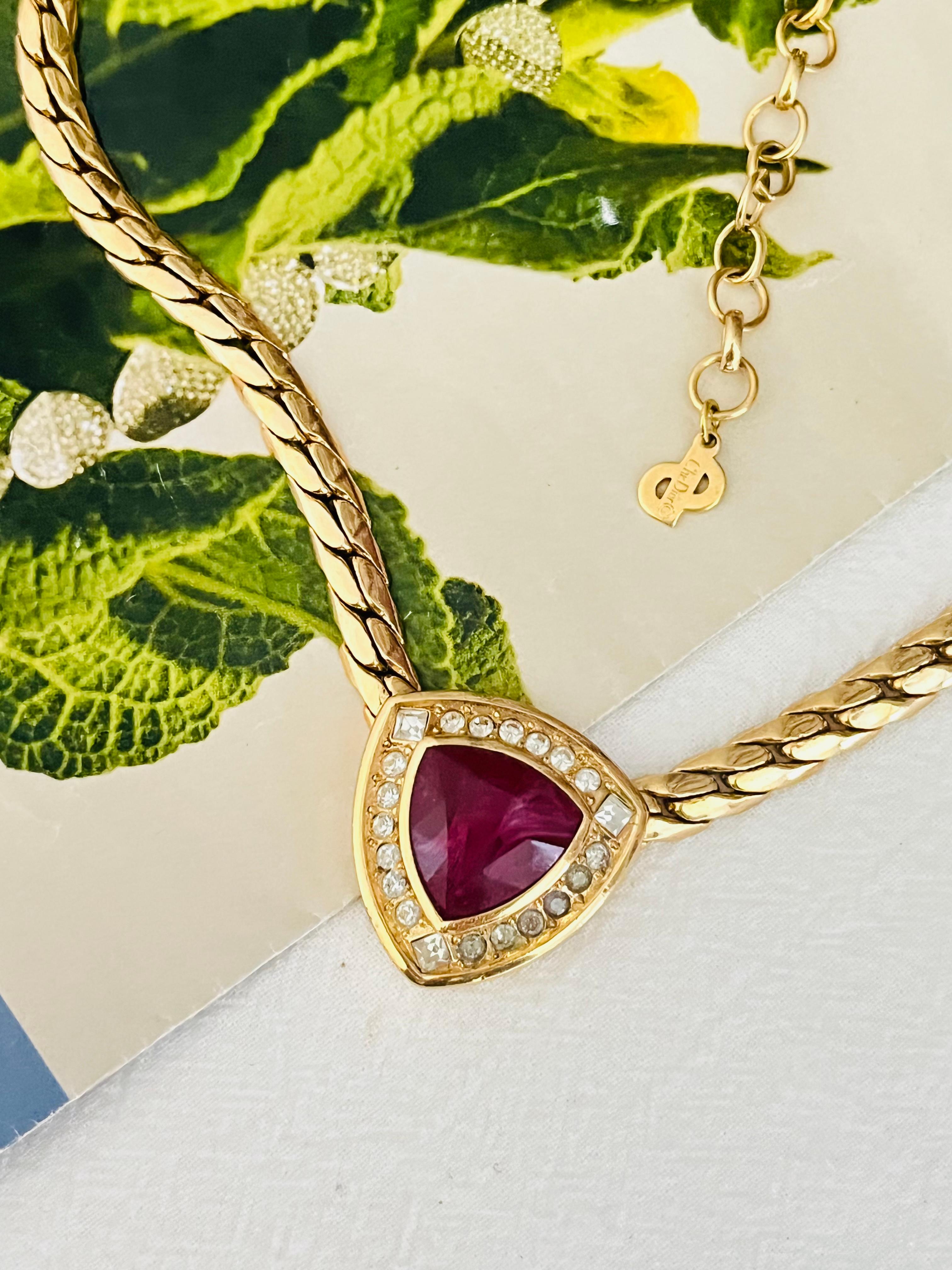 Art Deco Christian Dior Vintage 1980 Ruby Cube Circle Crystals Triangle Pendant Necklace For Sale
