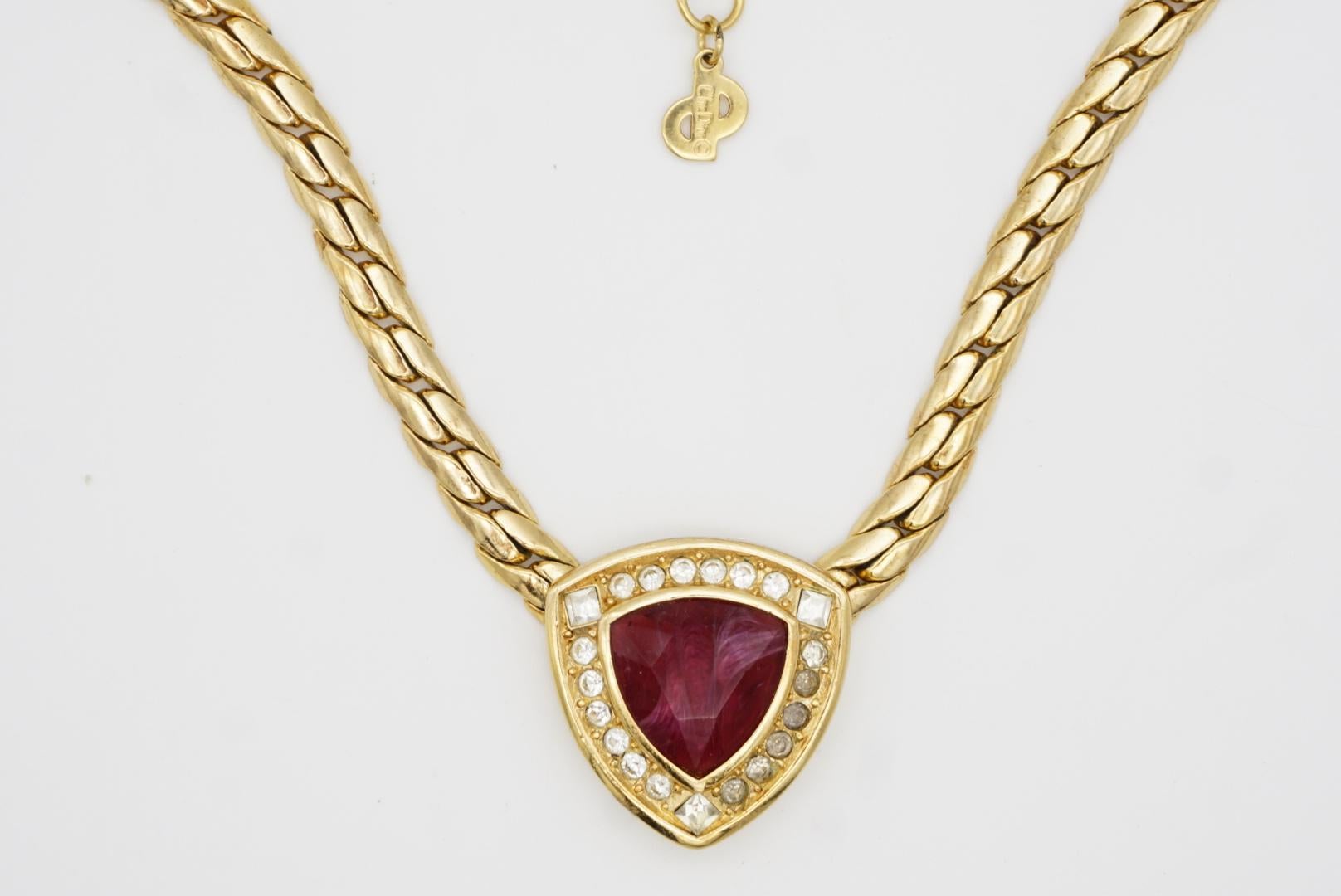 Christian Dior Vintage 1980 Ruby Cube Circle Crystals Triangle Pendant Necklace For Sale 3