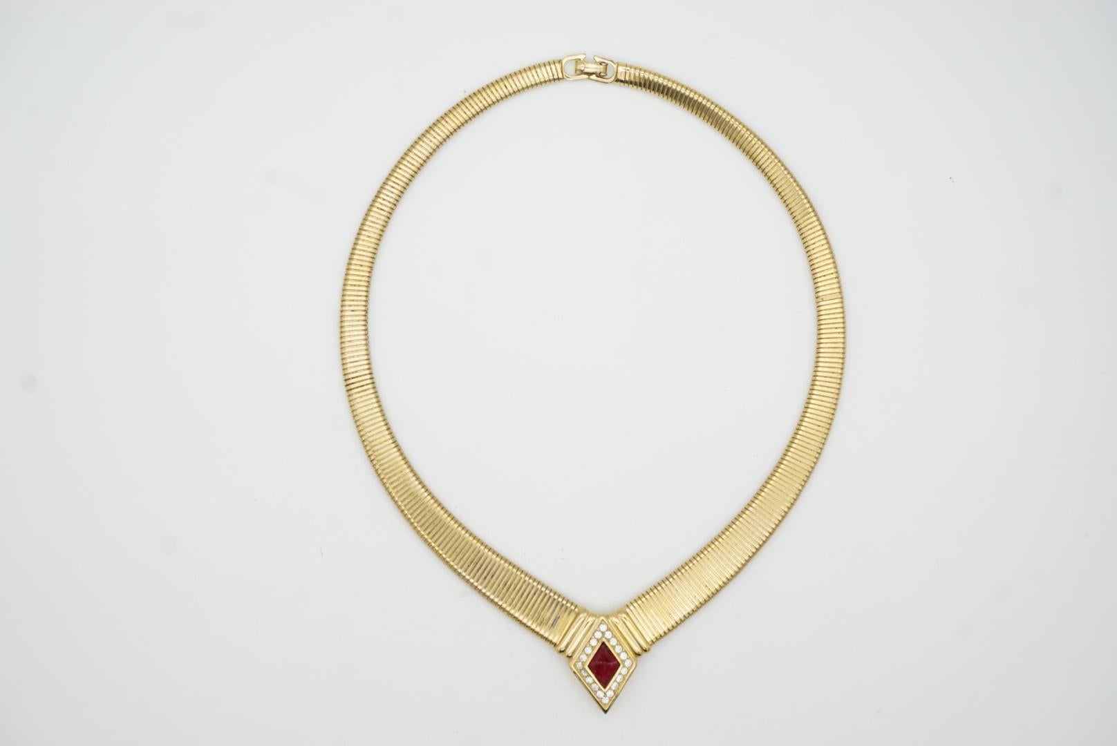 Christian Dior Vintage 1980 Ruby Gripoix Diamond Crystal Ribbed Choker Necklace For Sale 1