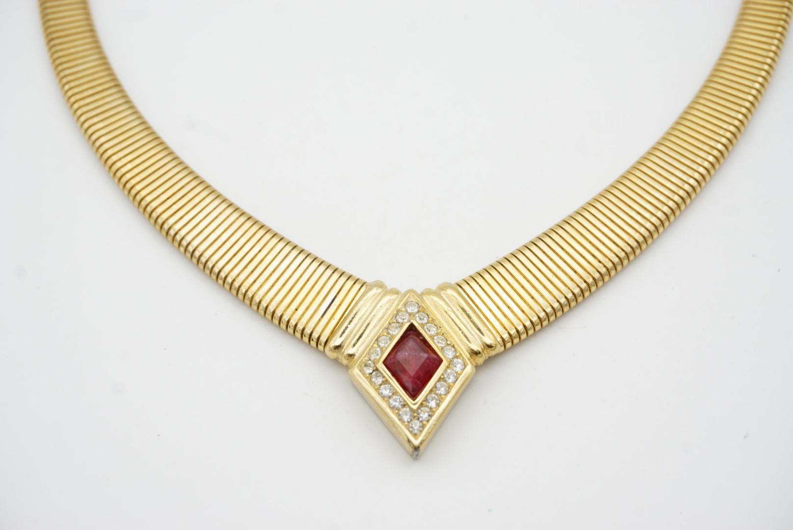 Christian Dior Vintage 1980 Ruby Gripoix Diamond Crystal Ribbed Choker Necklace For Sale 2