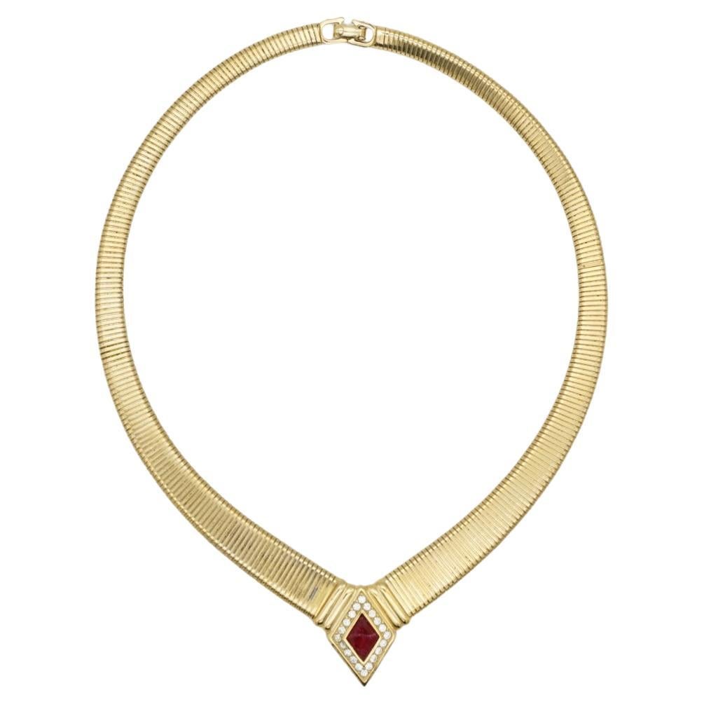 Christian Dior Vintage 1980 Ruby Gripoix Diamond Crystal Ribbed Choker Necklace For Sale