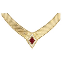 Christian Dior Vintage 1980 Ruby Gripoix Diamond Crystal Ribbed Omega Necklace