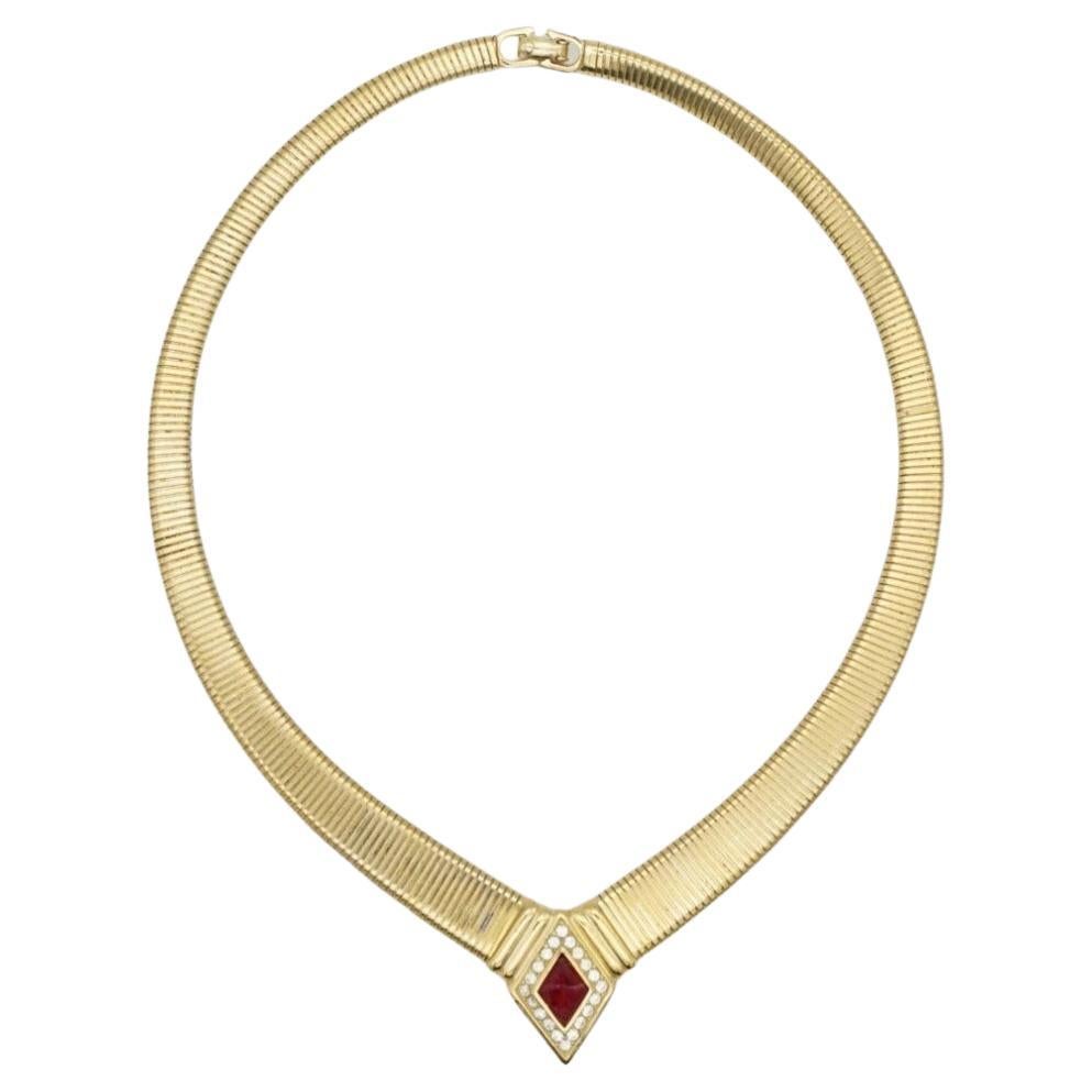 Christian Dior Vintage 1980 Ruby Gripoix Diamond Crystal Ribbed Omega Necklace For Sale