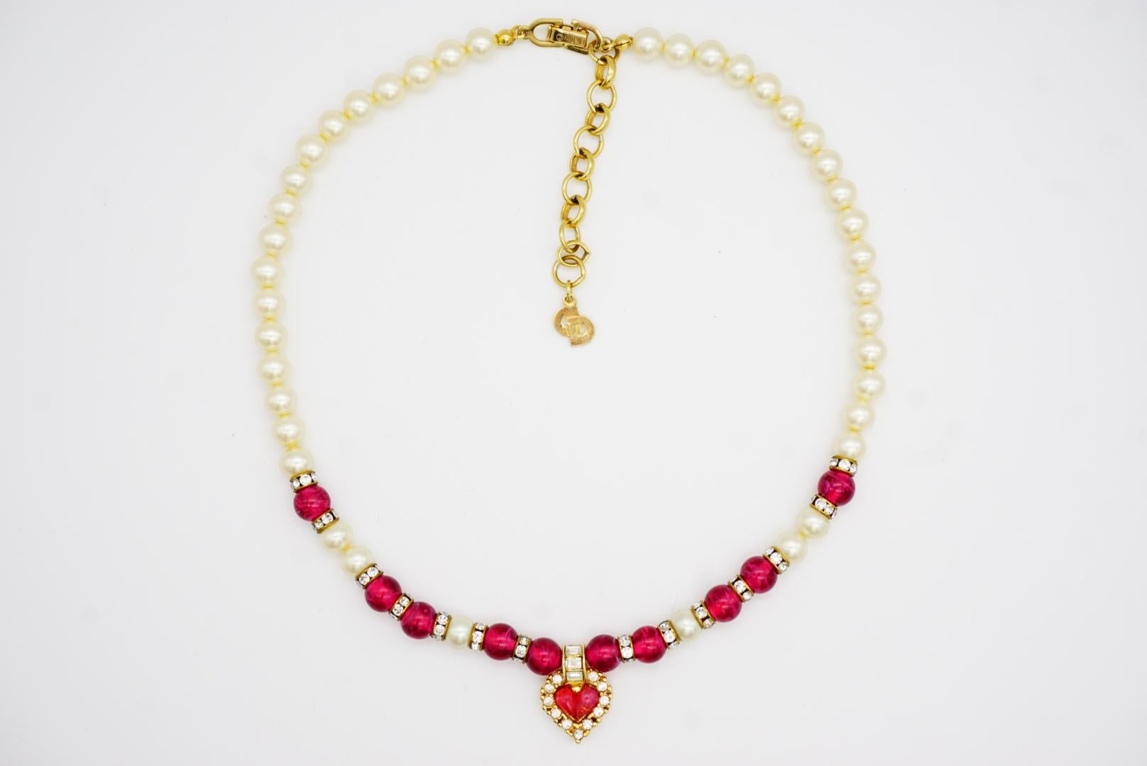 Christian Dior Vintage 1980 Halskette mit rechteckigen Kristallen, Rubin Herz weiße Perlen im Angebot 5