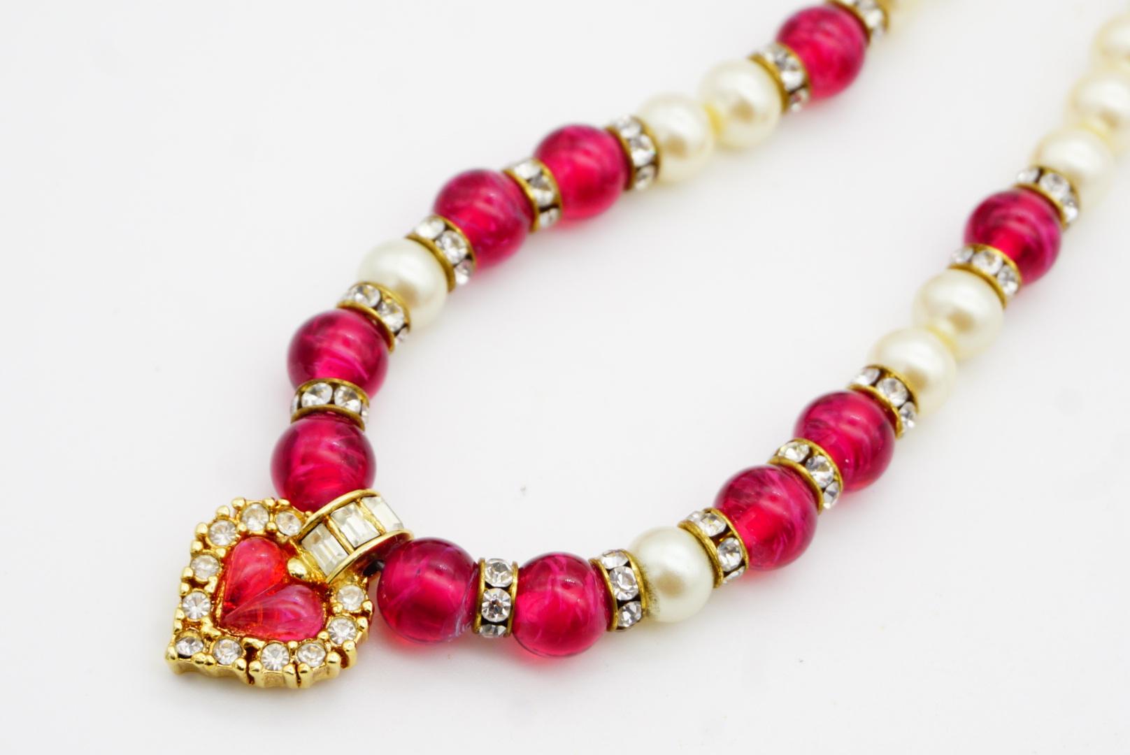 Christian Dior Vintage 1980 Ruby Heart White Pearls Rectangle Crystals Necklace For Sale 5