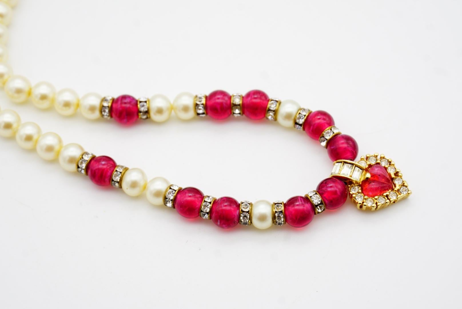 Christian Dior Vintage 1980 Ruby Heart White Pearls Rectangle Crystals Necklace For Sale 6