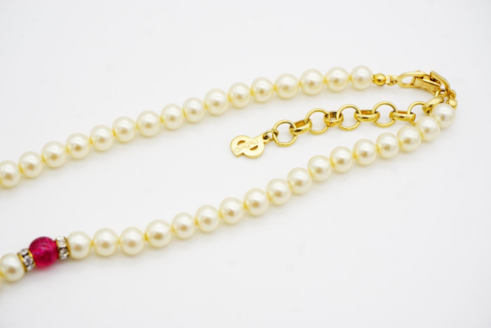 Christian Dior Vintage 1980 Ruby Heart White Pearls Rectangle Crystals Necklace For Sale 7