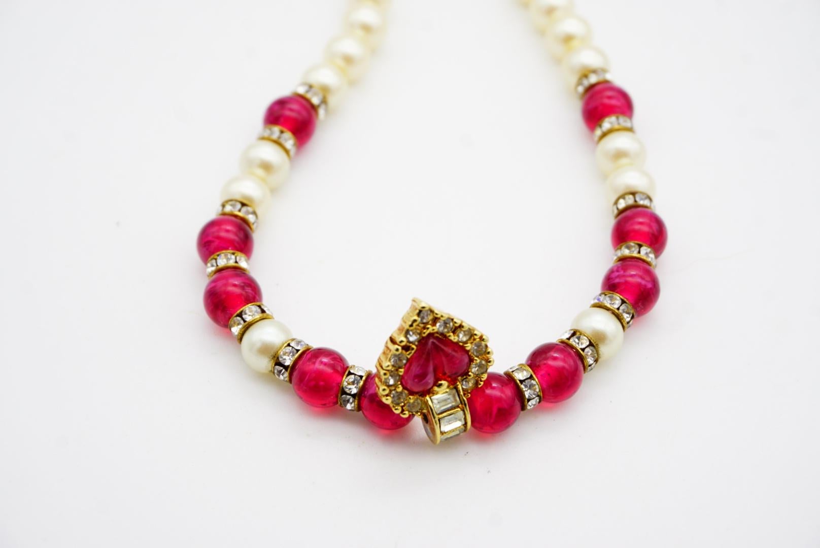 Christian Dior Vintage 1980 Ruby Heart White Pearls Rectangle Crystals Necklace For Sale 8