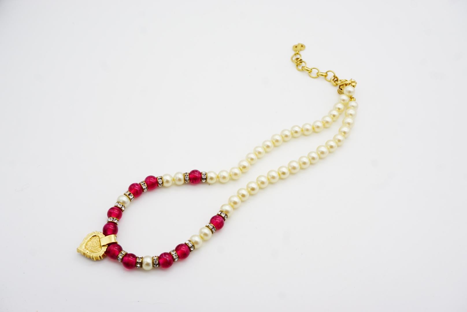 Christian Dior Vintage 1980 Ruby Heart White Pearls Rectangle Crystals Necklace For Sale 9