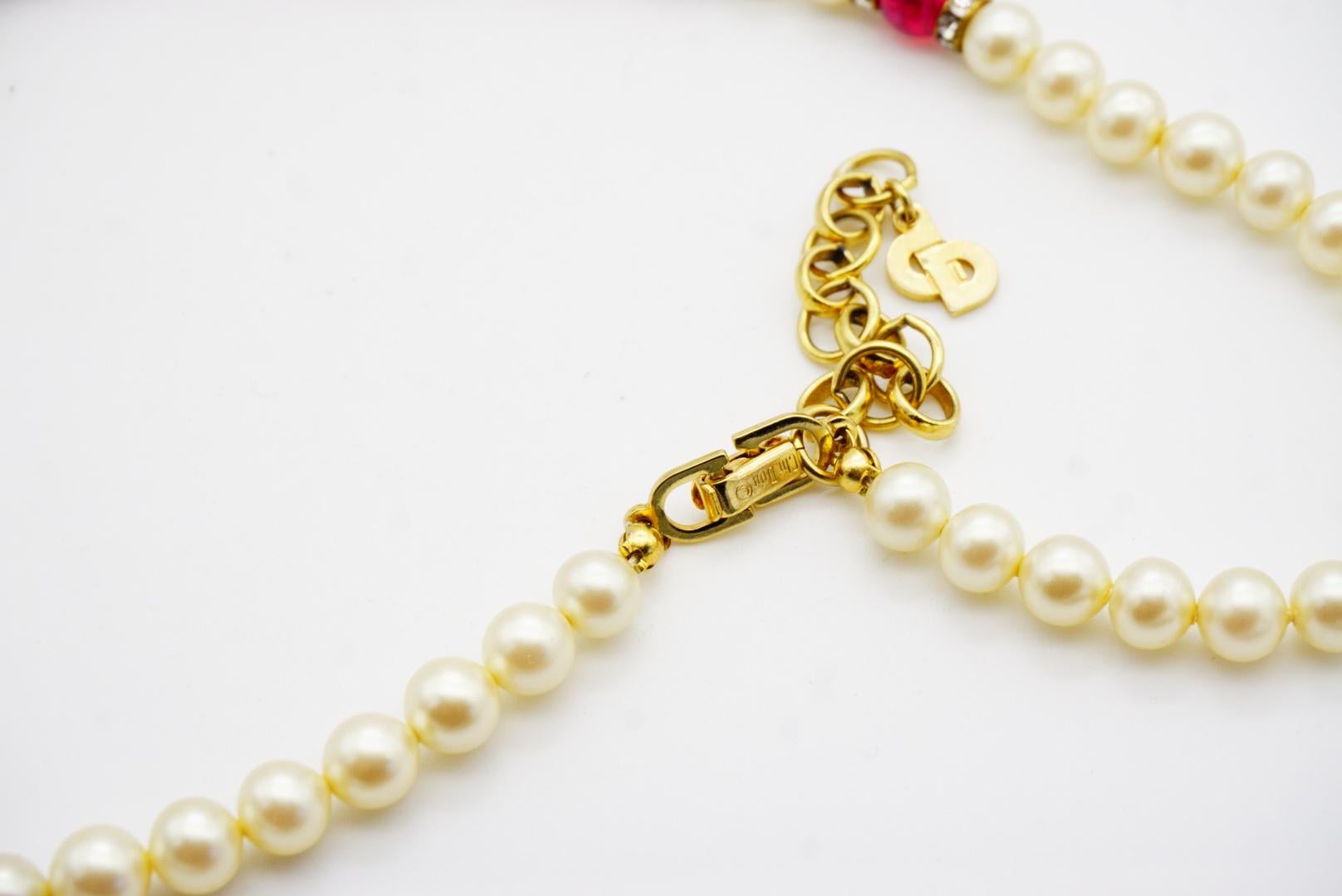 Christian Dior Vintage 1980 Halskette mit rechteckigen Kristallen, Rubin Herz weiße Perlen im Angebot 11