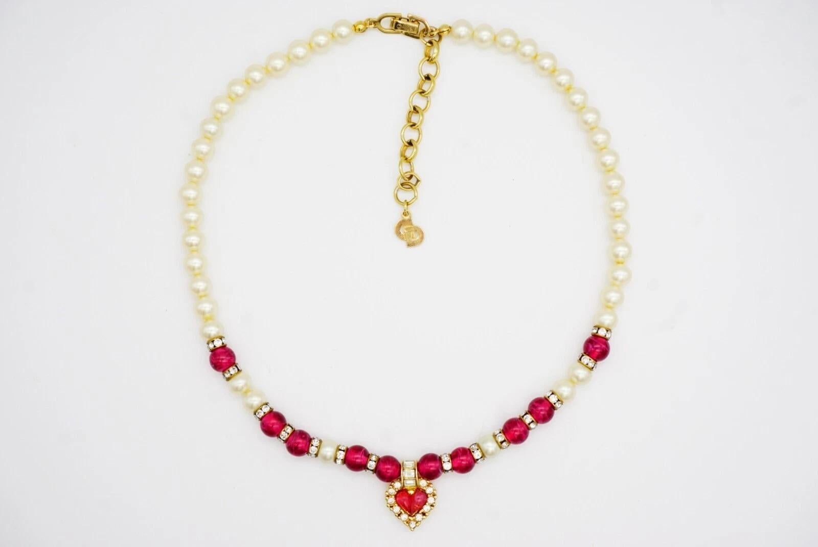 Christian Dior Vintage 1980 Ruby Heart White Pearls Rectangle Crystals Necklace For Sale 11