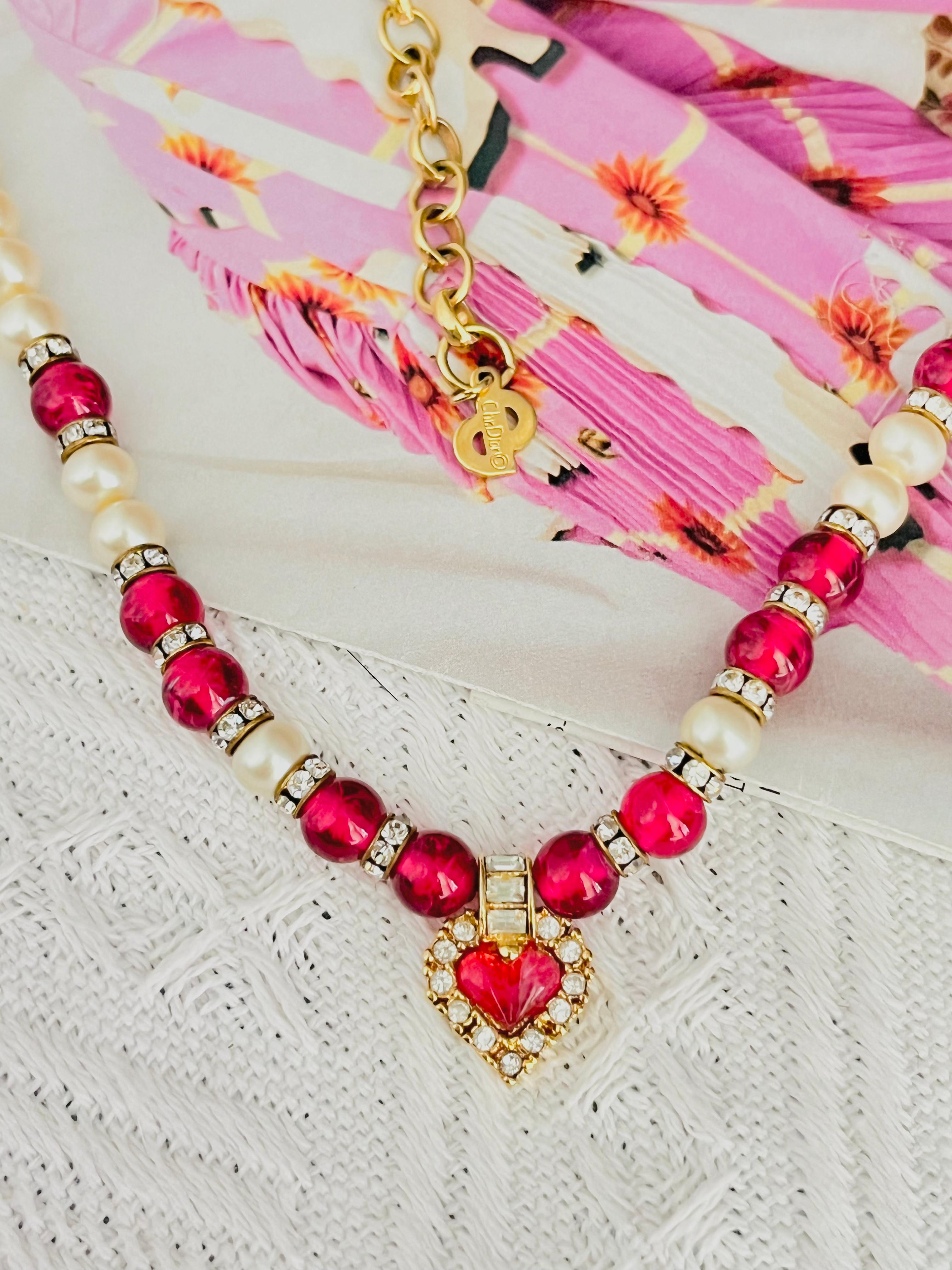 Art Nouveau Christian Dior Vintage 1980 Ruby Heart White Pearls Rectangle Crystals Necklace For Sale