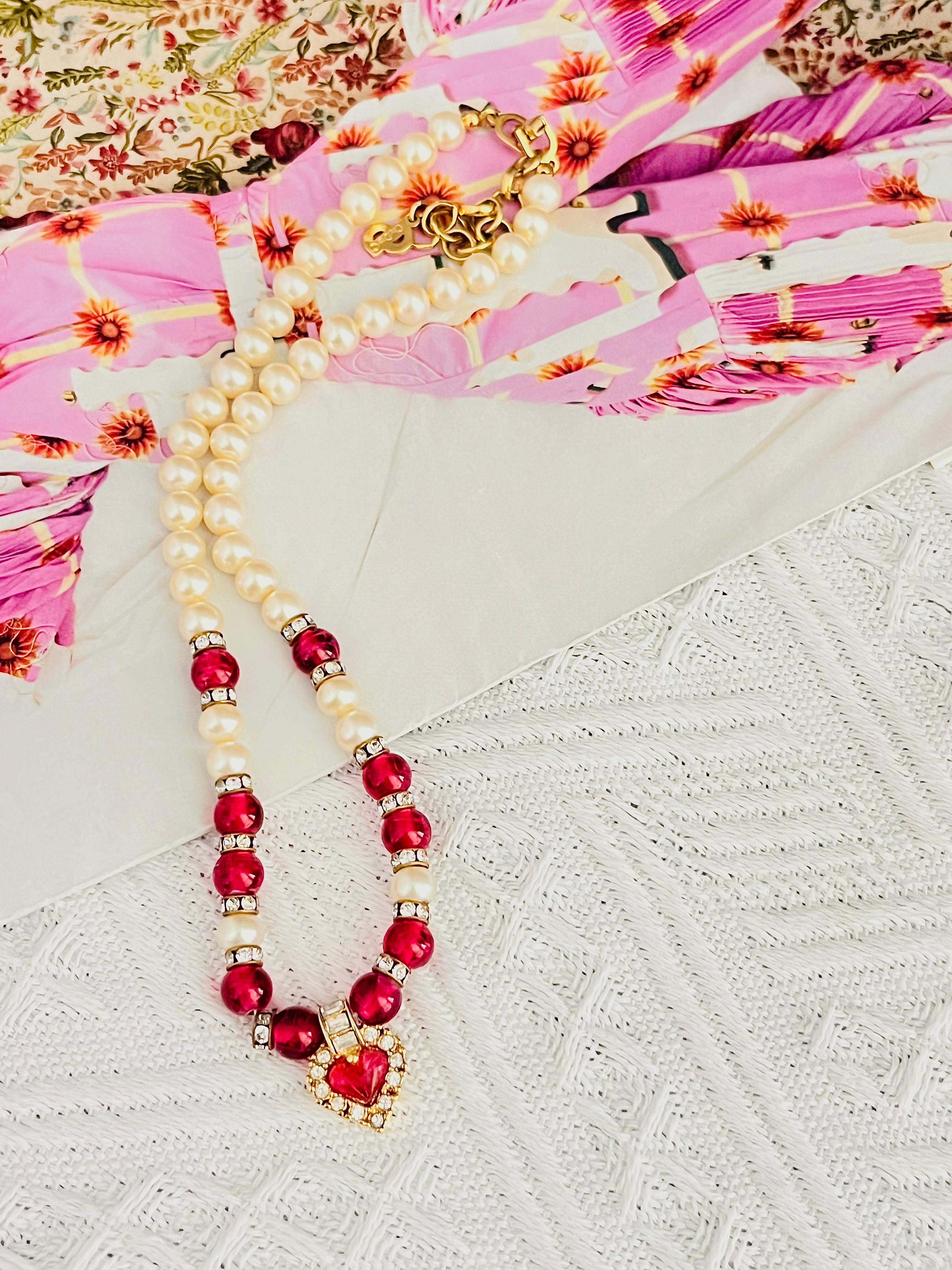 Women's or Men's Christian Dior Vintage 1980 Ruby Heart White Pearls Rectangle Crystals Necklace For Sale