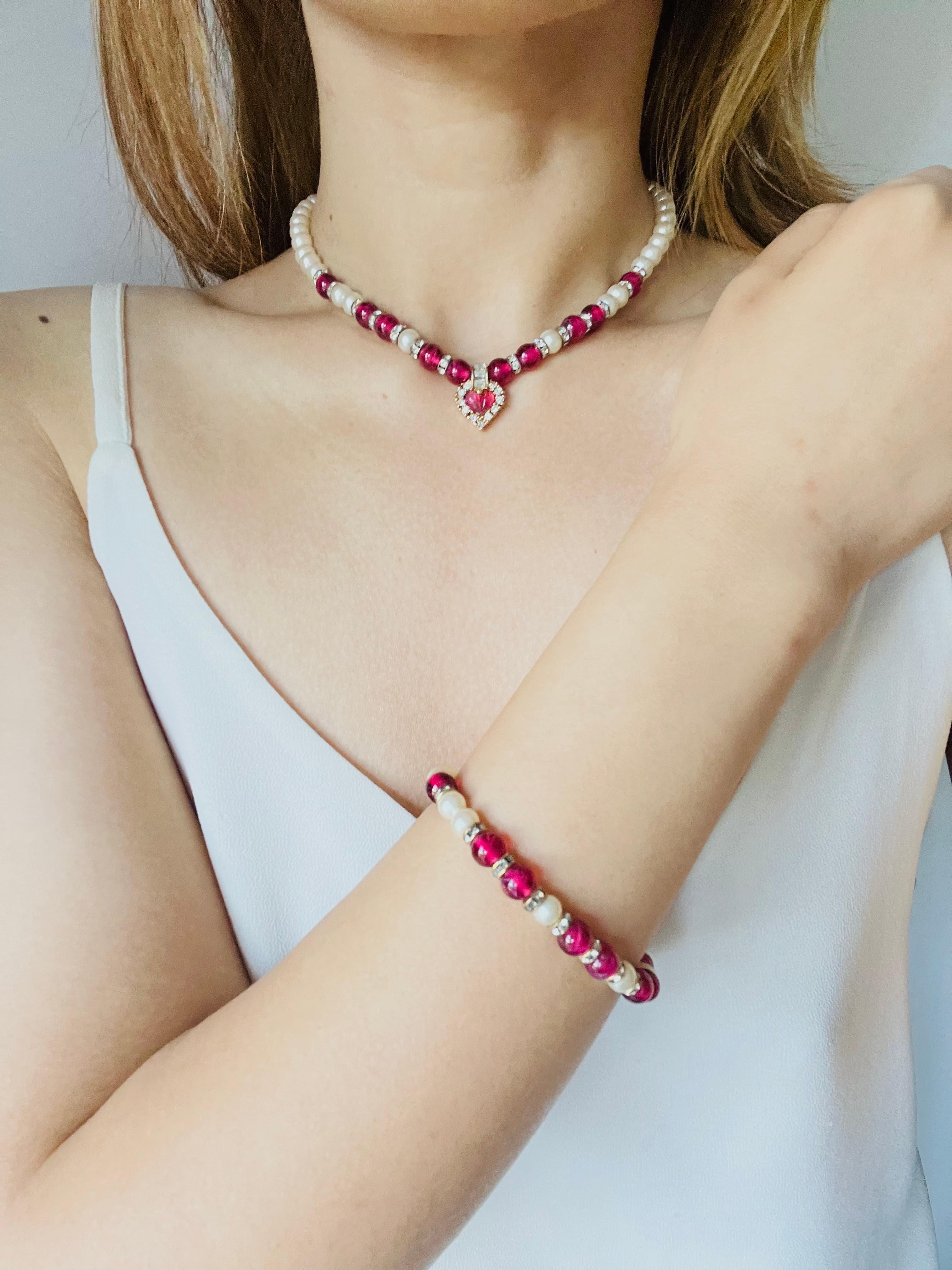 Christian Dior Vintage 1980 Ruby Heart White Pearls Rectangle Crystals Necklace For Sale 2