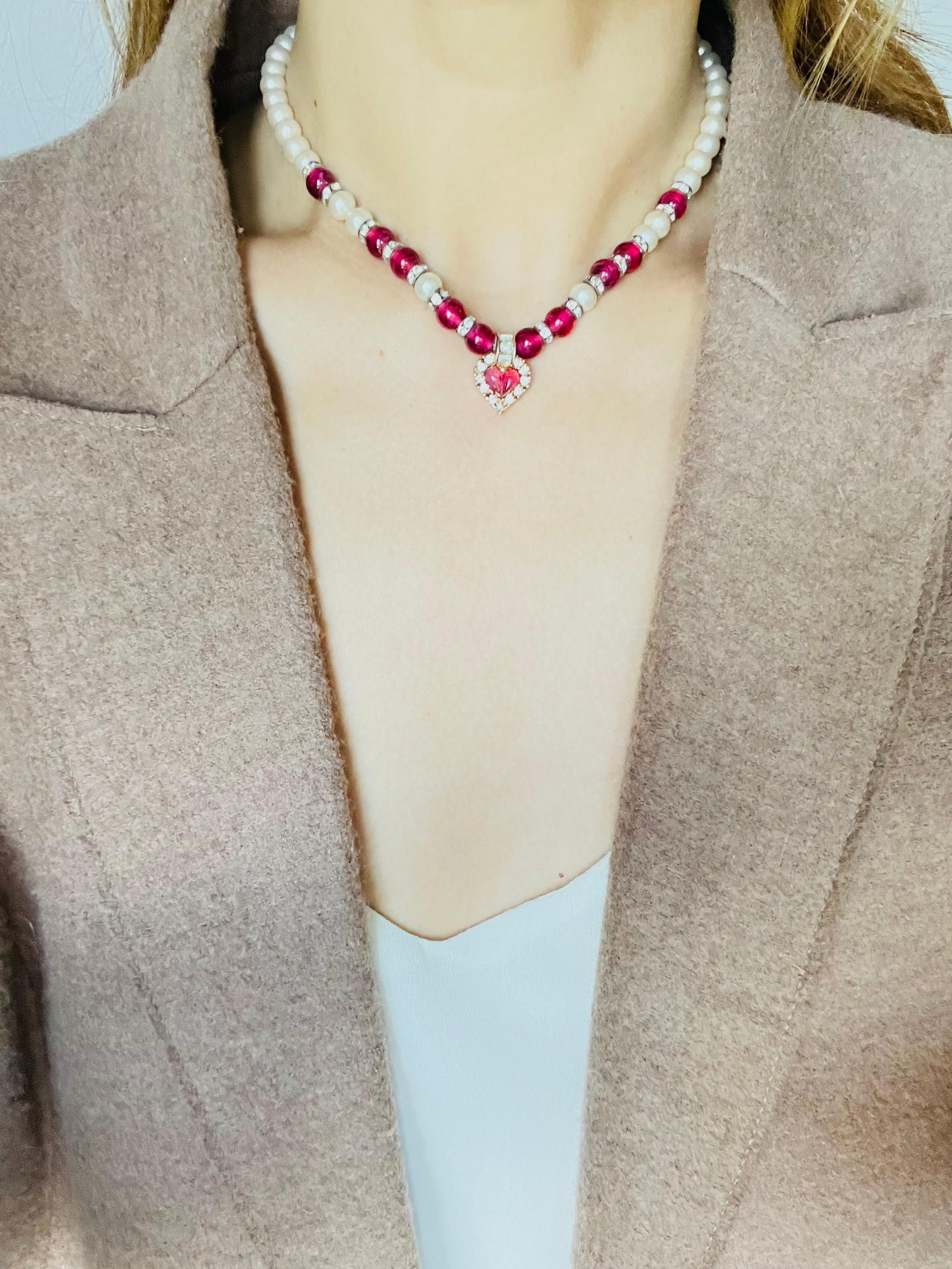 Christian Dior Vintage 1980 Ruby Heart White Pearls Rectangle Crystals Necklace For Sale 3