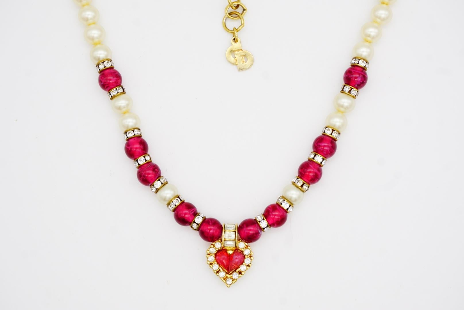 Christian Dior Vintage 1980 Ruby Heart White Pearls Rectangle Crystals Necklace For Sale 4