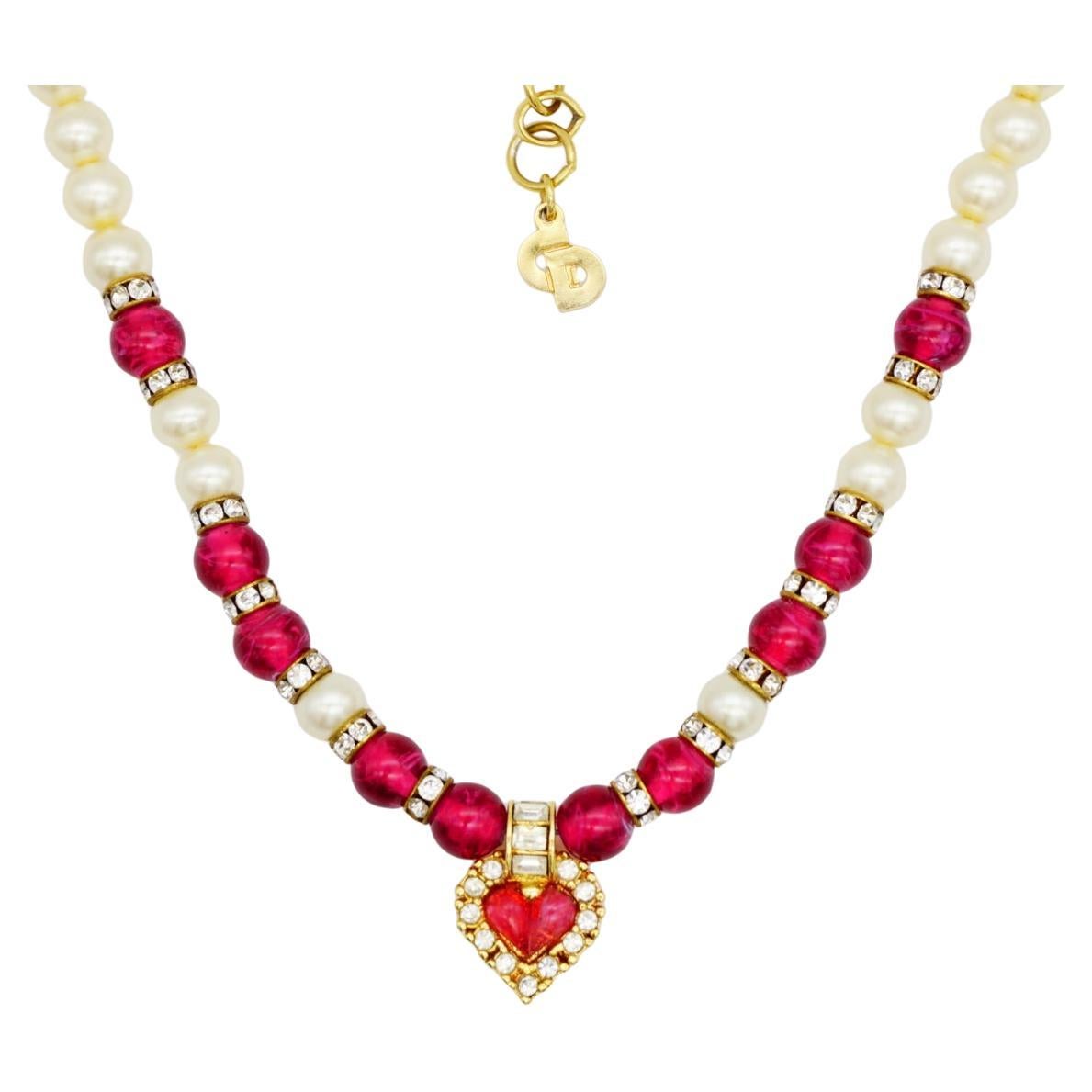 Christian Dior Vintage 1980 Halskette mit rechteckigen Kristallen, Rubin Herz weiße Perlen