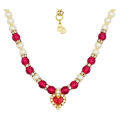 Christian Dior Vintage 1980 Ruby Heart White Pearls Rectangle Crystals Necklace